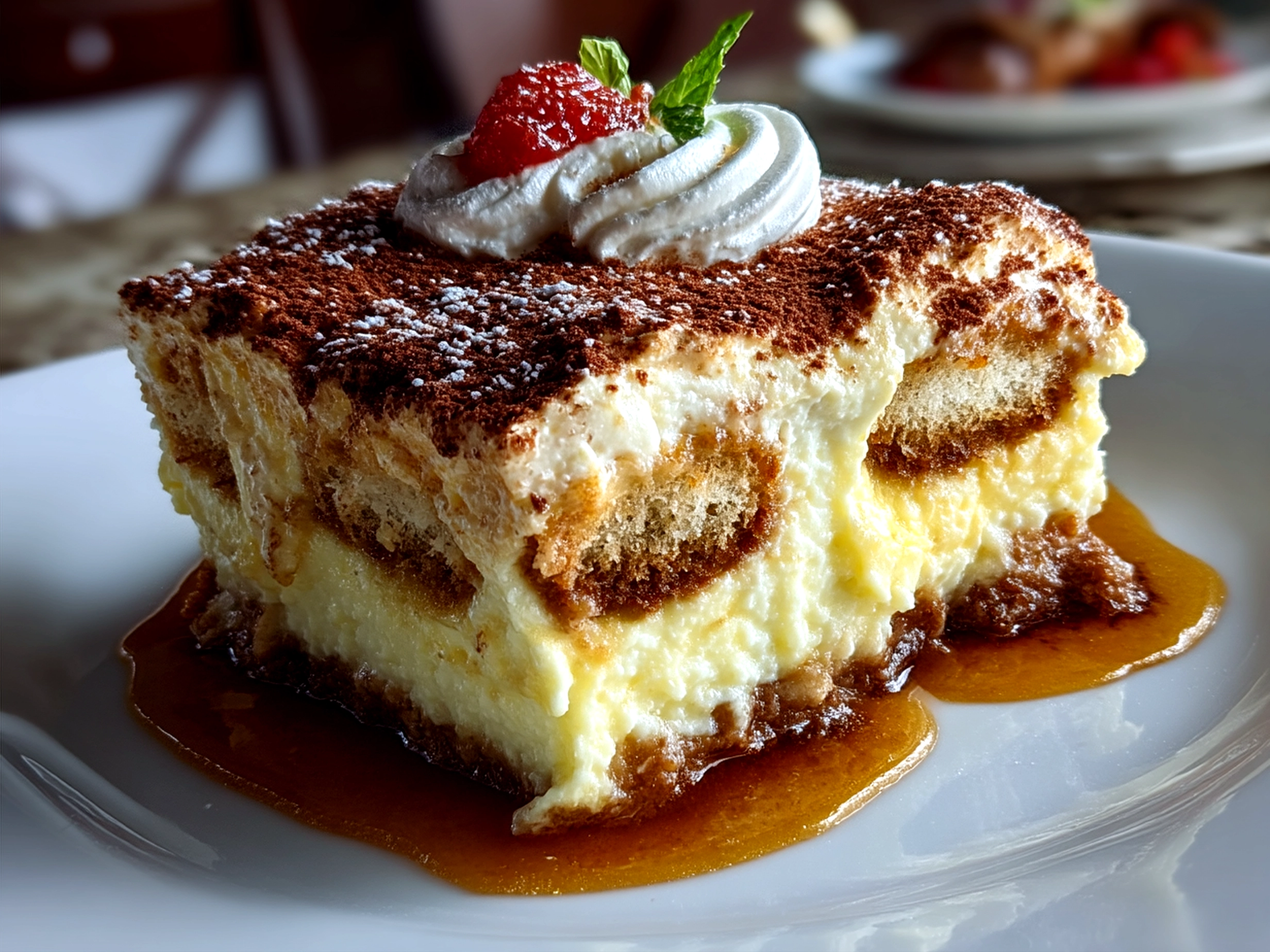 Serving of Limoncello Tiramisu garnished with lemon zest and powdered sugar