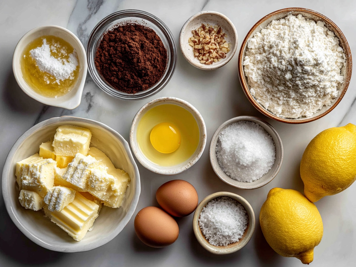 Ingredients for Limoncello Tiramisu laid out on a countertop including mascarpone, ladyfingers, lemons, and limoncello