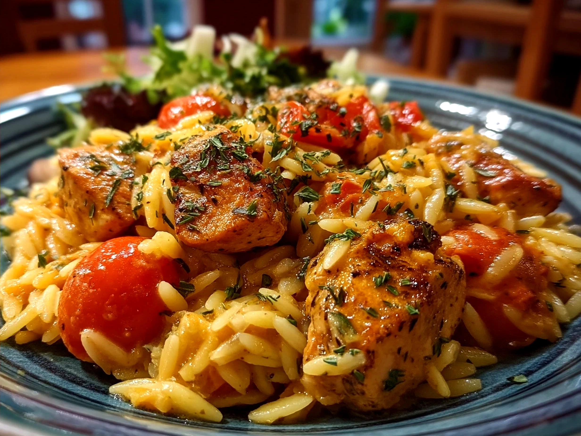 Served Mediterranean Chicken Orzo garnished with feta and fresh herbs