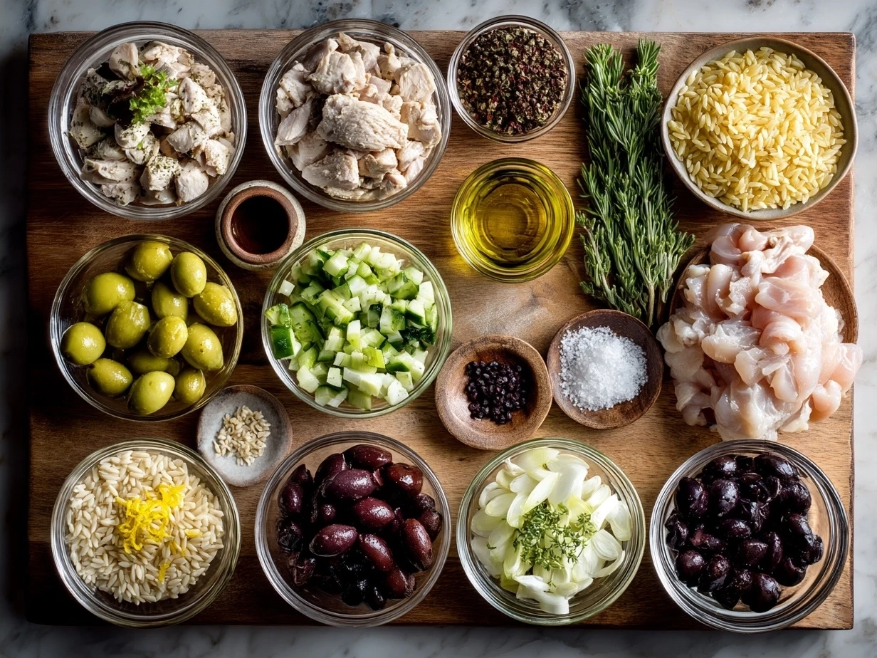 Ingredients for Mediterranean Chicken Orzo laid out on a kitchen counter