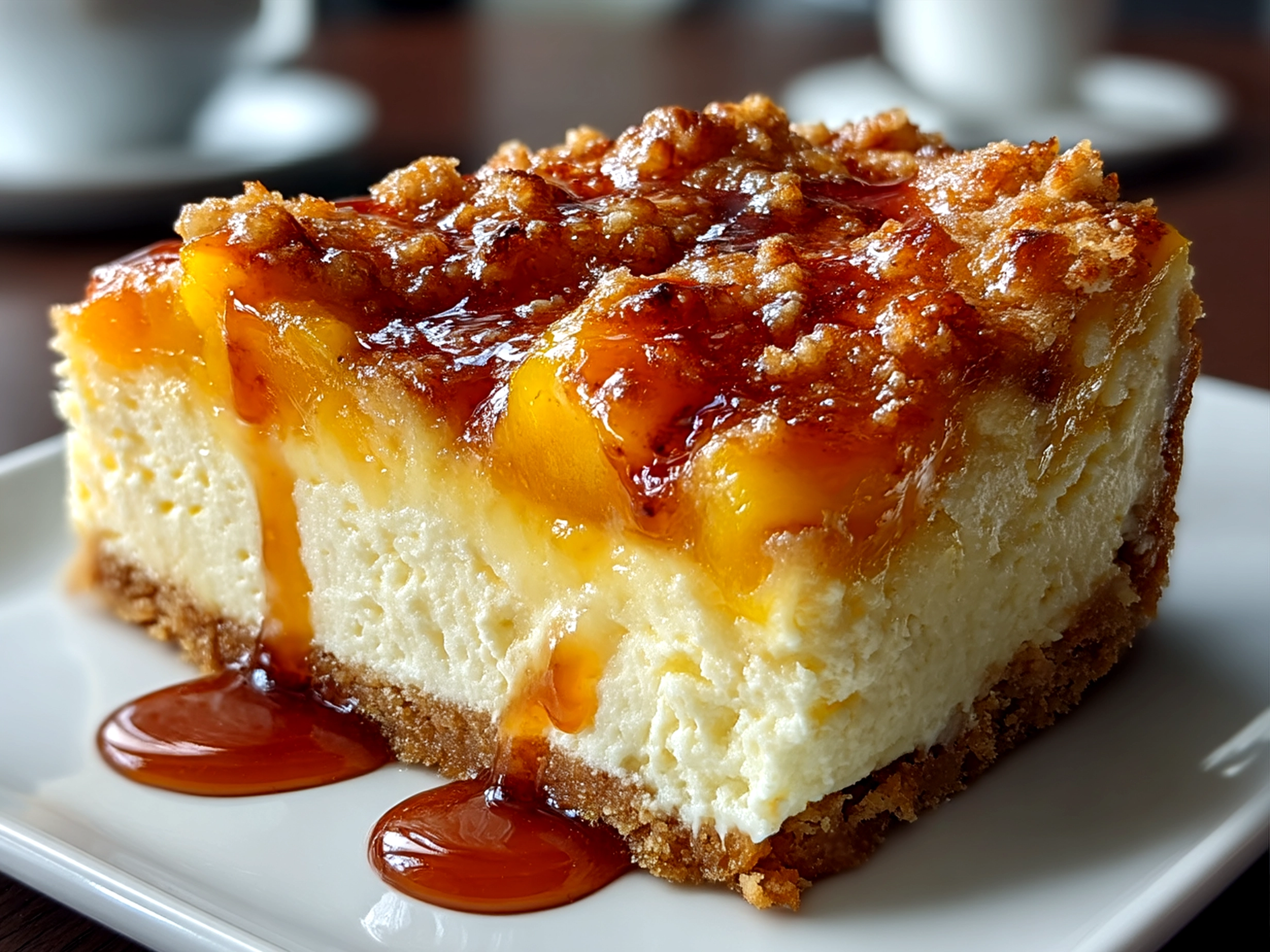 Peach Cobbler Cheesecake served on a plate with whipped cream