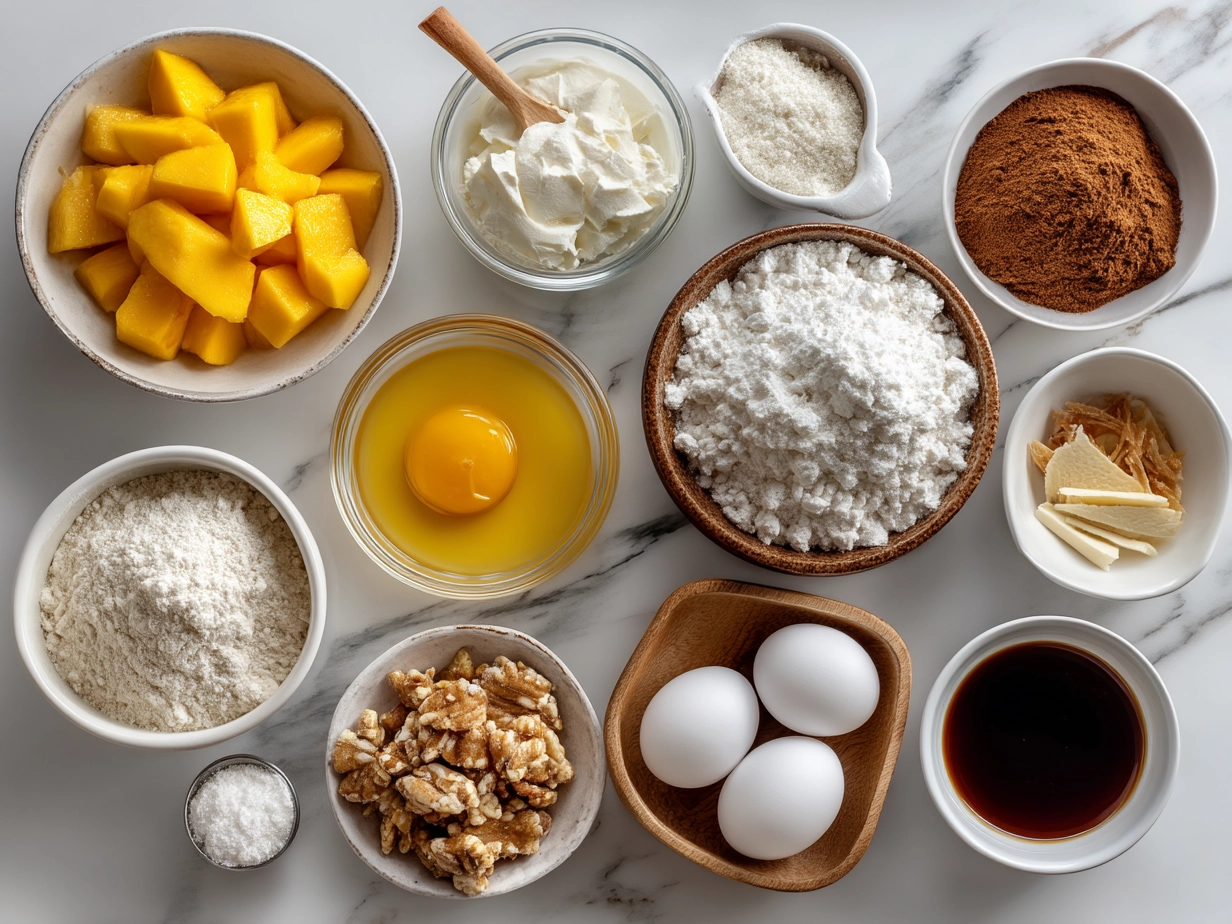 Ingredients for Peach Cobbler Cheesecake neatly arranged