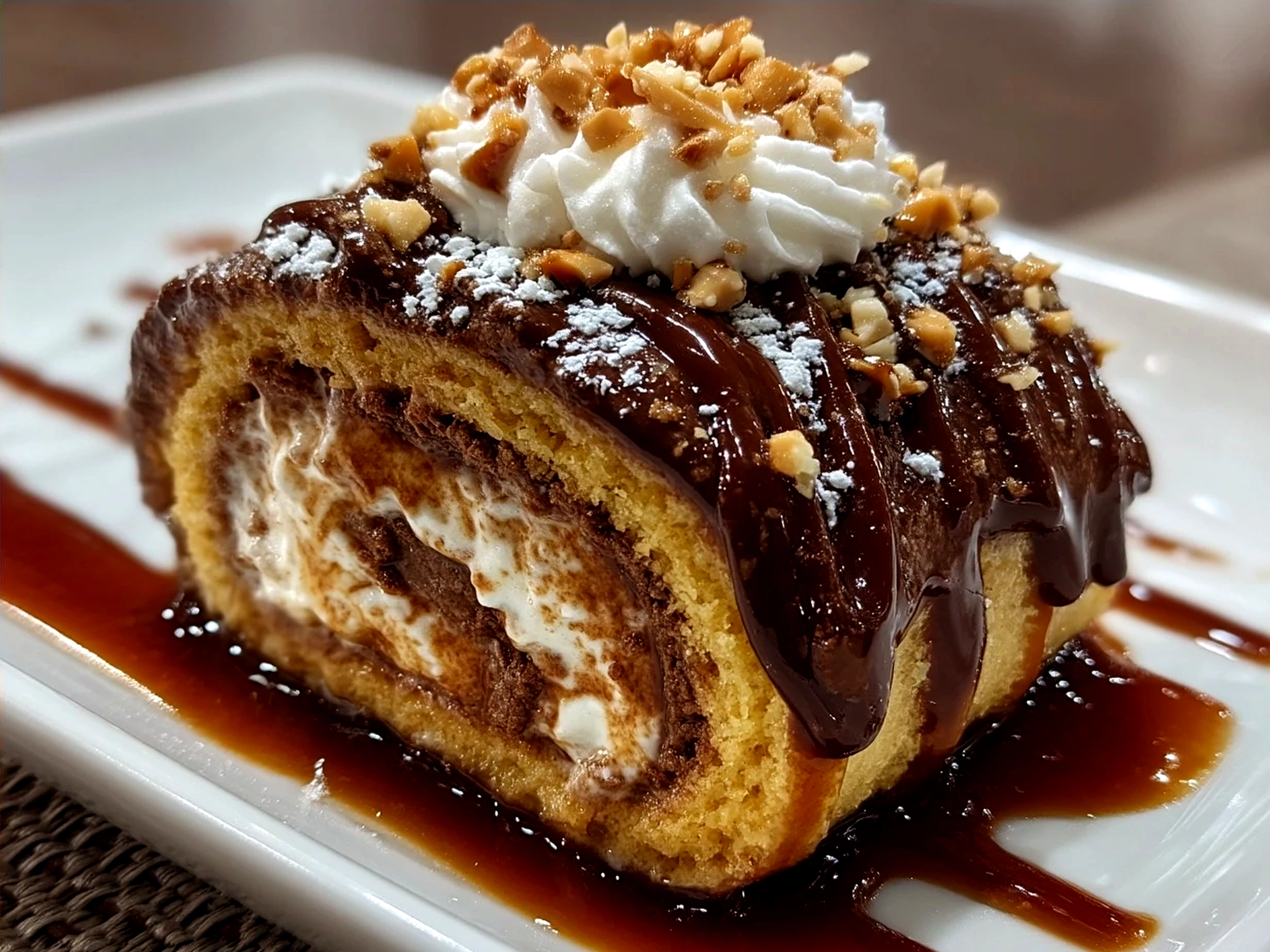 Sliced Peanut Butter Cup Chocolate Roll served on a white plate ready to enjoy
