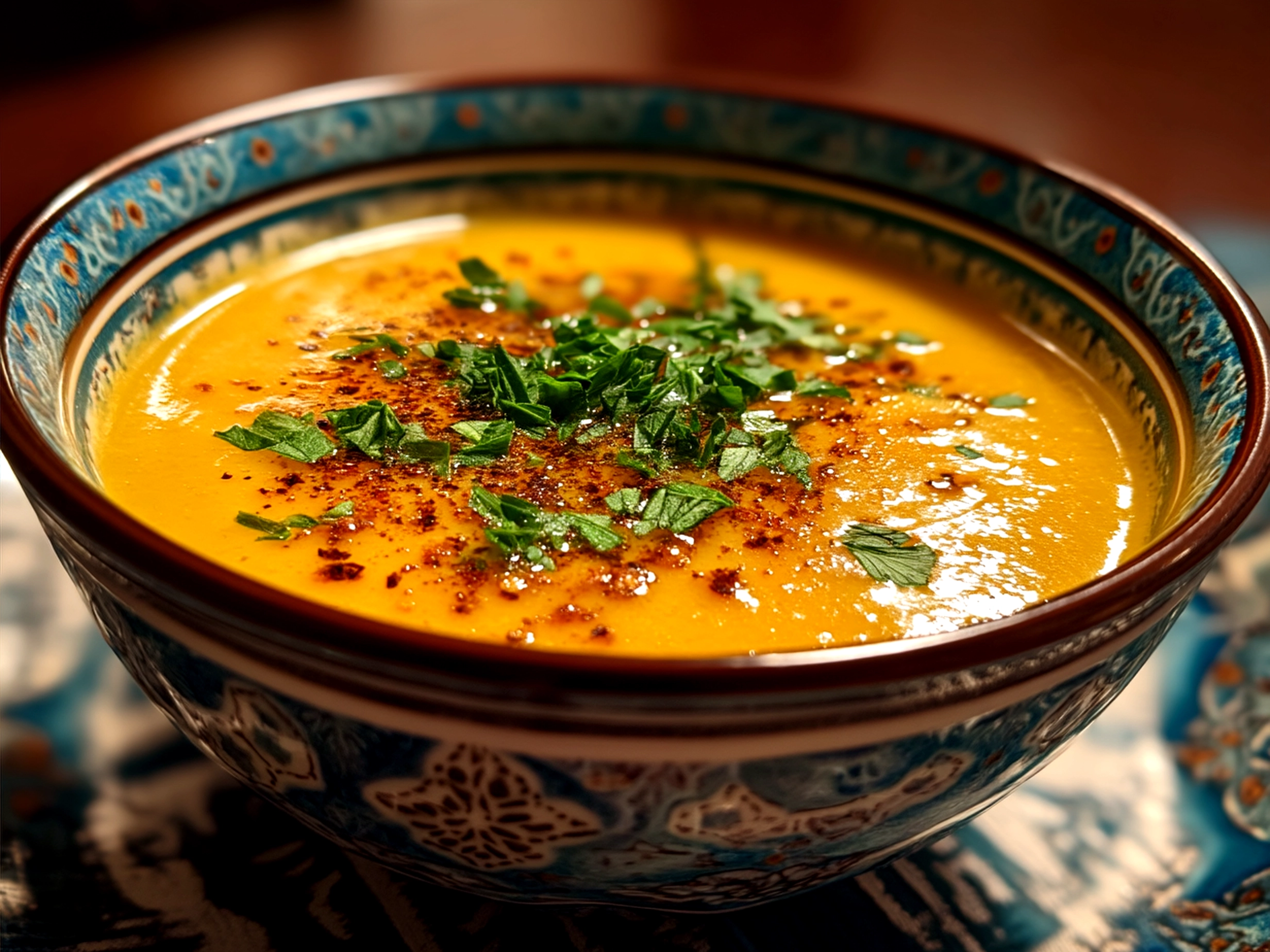 Bowl of creamy potato soup garnished with fresh herbs, served with crusty bread on the side