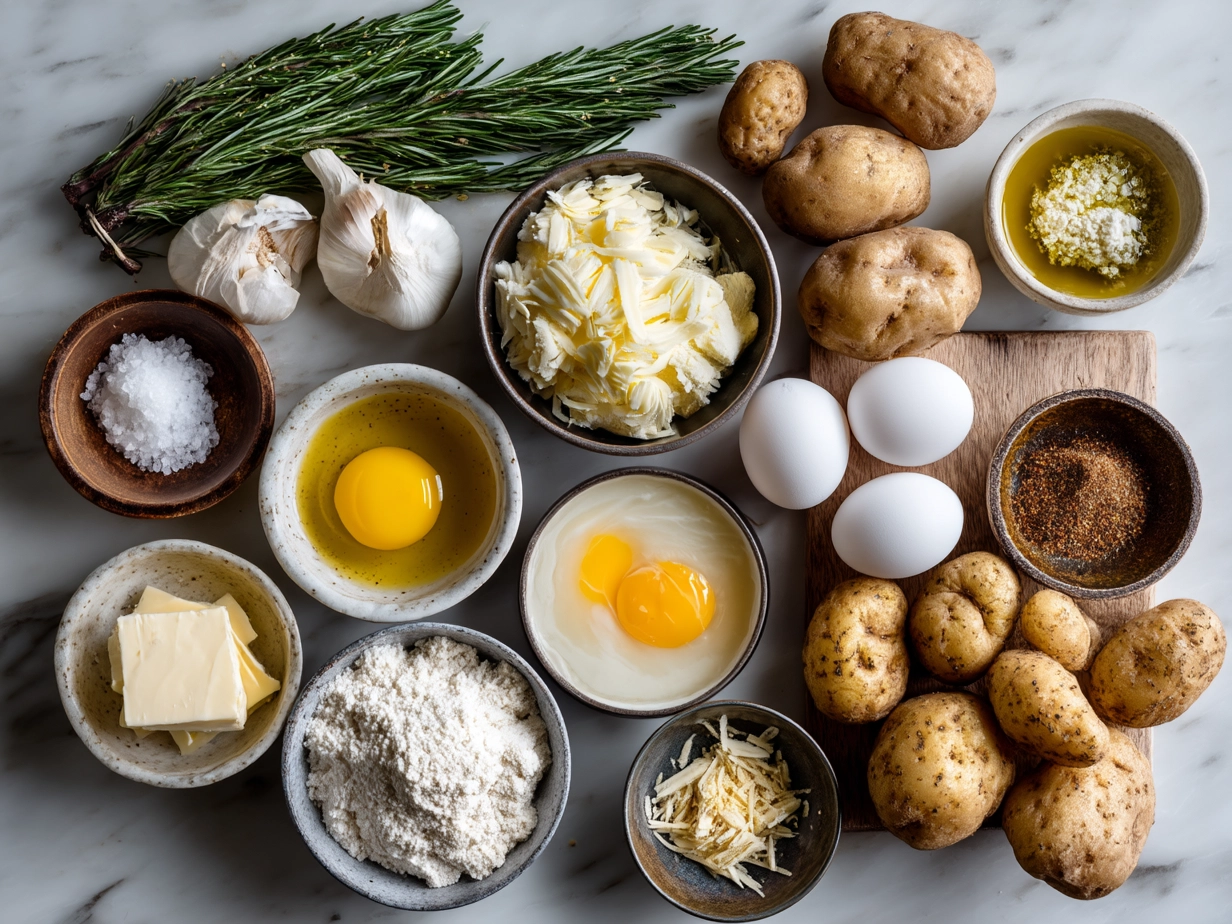 Ingredients for Potato Soup including potatoes, leeks, vegetable broth, cream, butter, garlic, salt, pepper, and fresh herbs