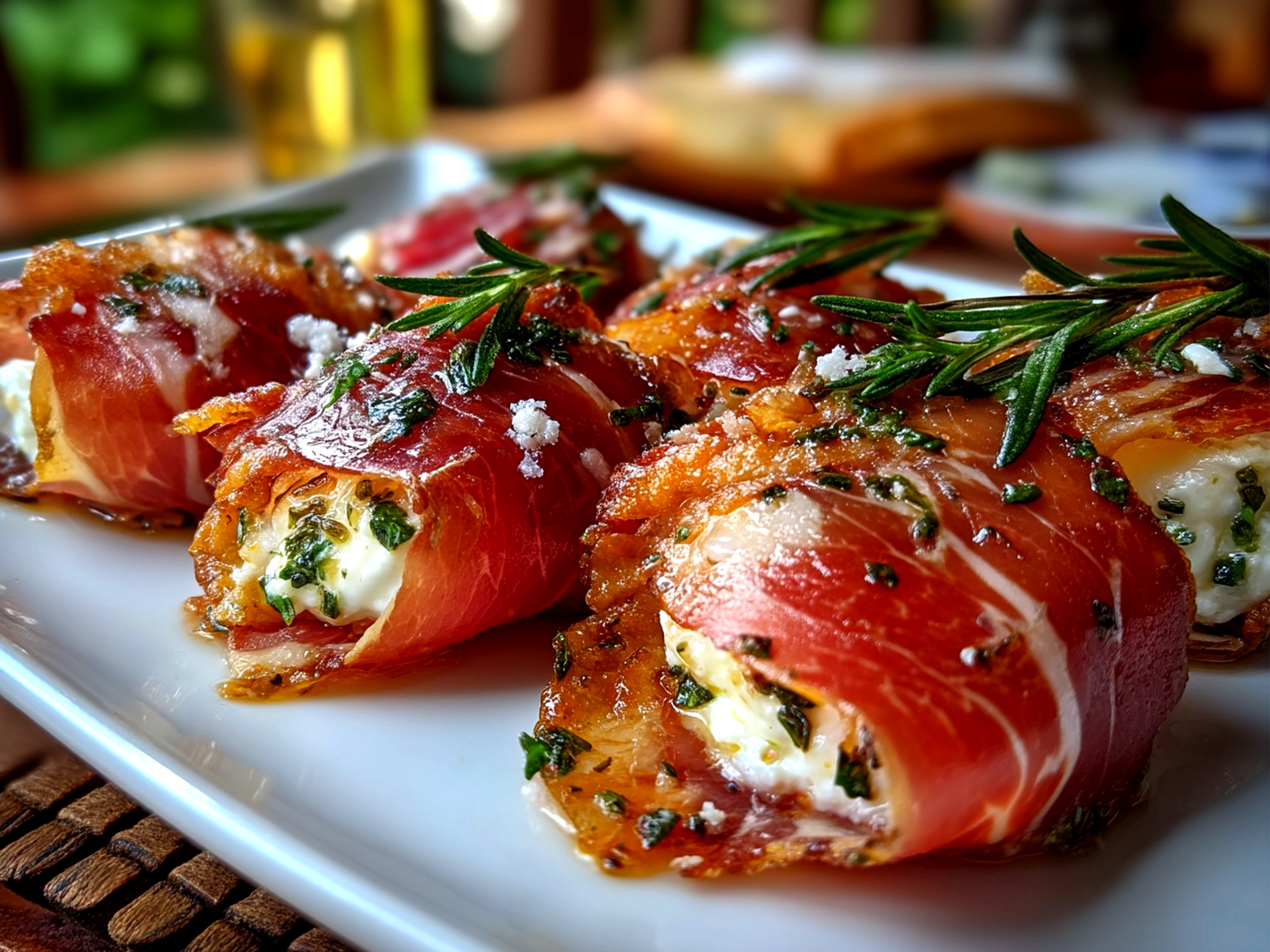 Plated Prosciutto Wrapped Mozzarella Bites served on a decorative platter