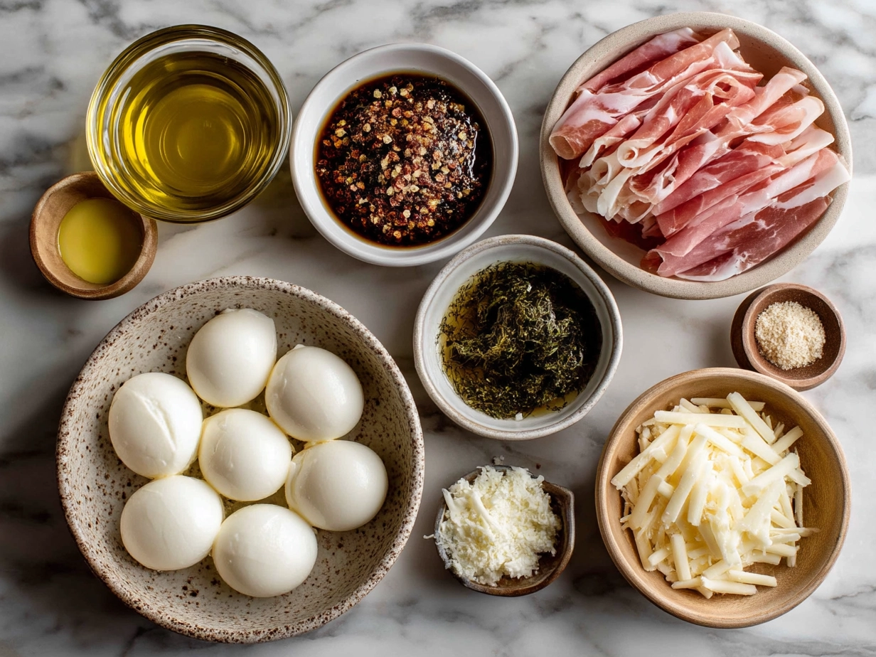 Ingredients for Prosciutto Wrapped Mozzarella Bites including fresh mozzarella balls, prosciutto, basil leaves, olive oil, black pepper, and toothpicks
