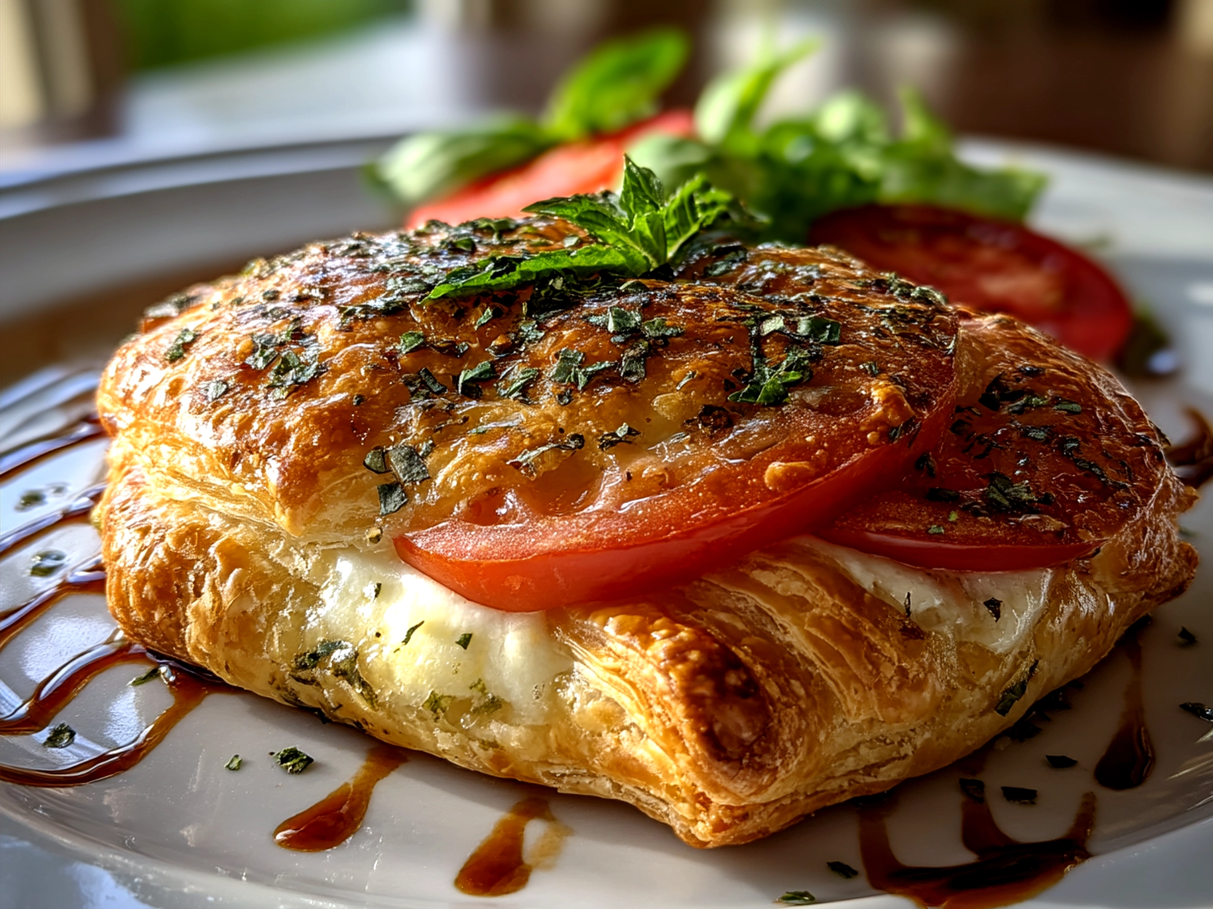 Serving Puff Pastry Caprese on a rustic board with fresh basil and balsamic glaze