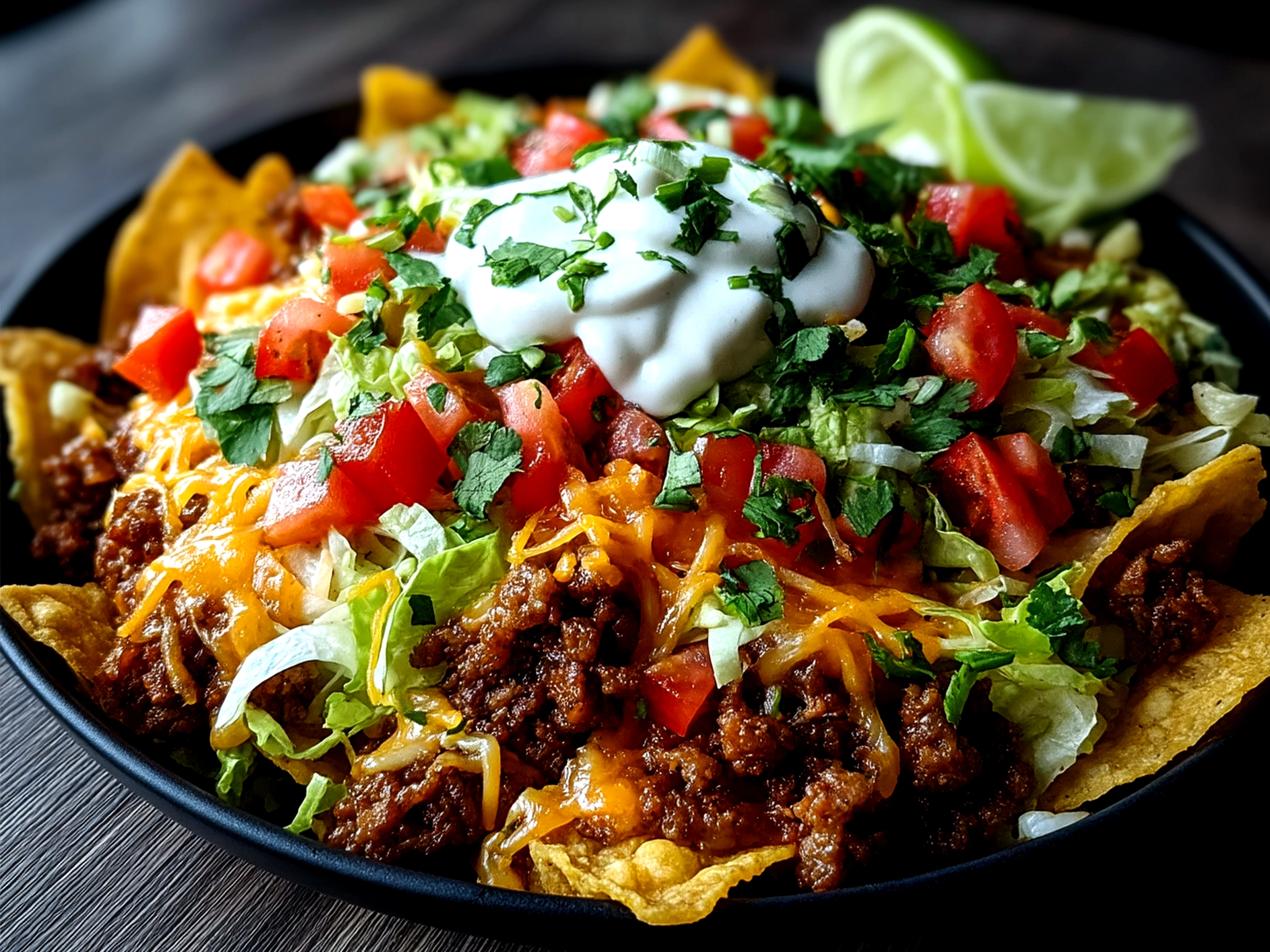 Served Ranch Taco Party Bowl with fresh toppings including avocado, jalapeños, and lime wedges