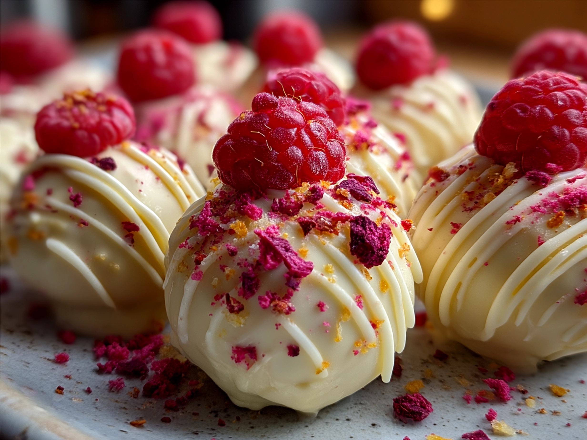 Plated Raspberry Cheesecake Truffles served with fresh raspberries