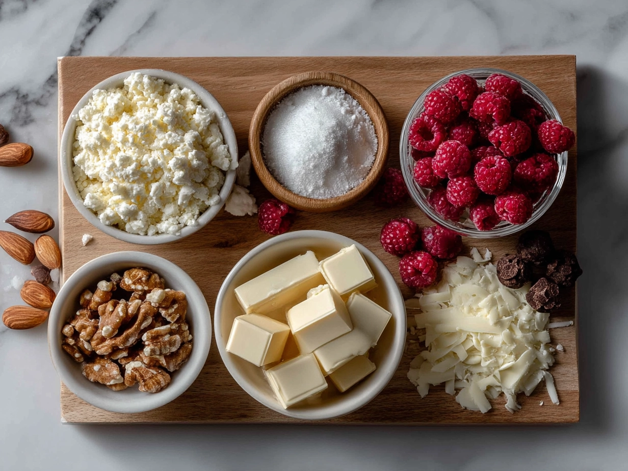 Ingredients laid out for making Raspberry Cheesecake Truffles, including cream cheese, powdered sugar, freeze-dried raspberries, and white chocolate wafers