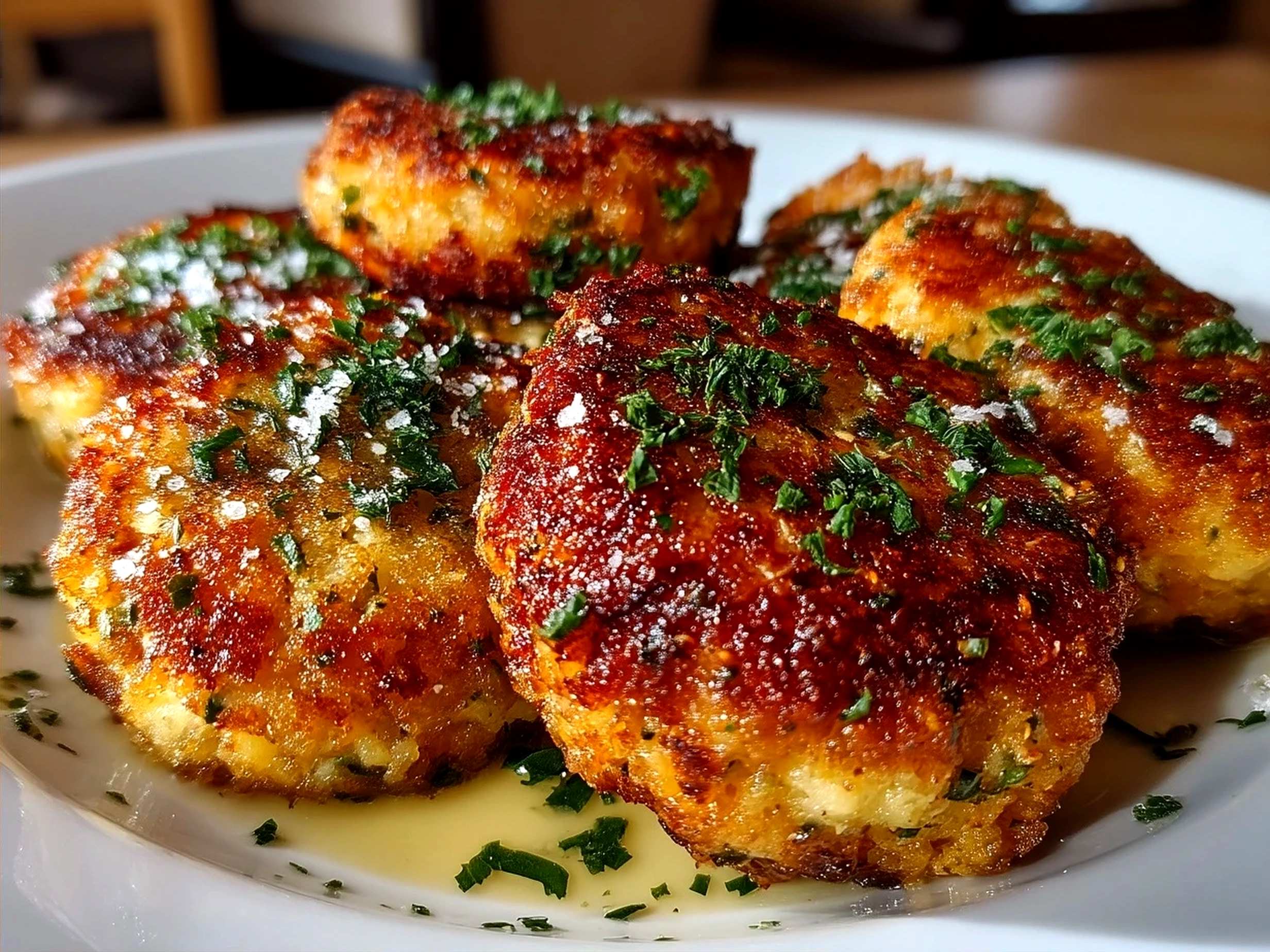 Plated salmon croquettes with a side of fresh salad and lemon wedges