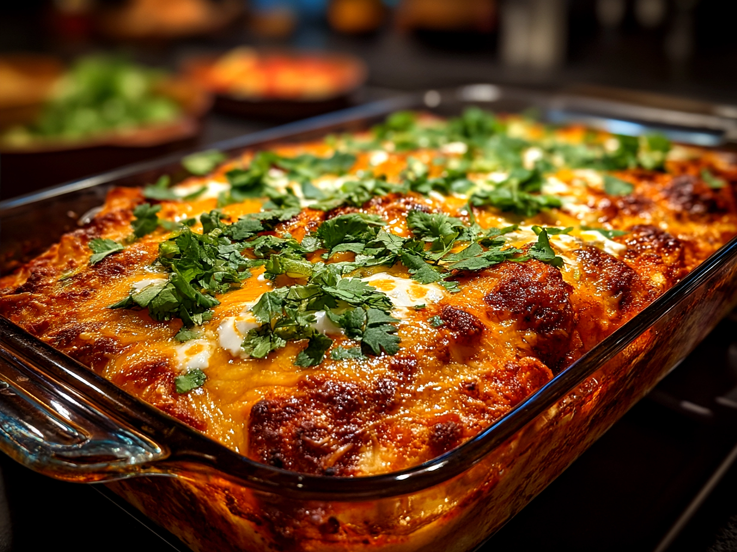 Serving of Shredded Chicken Enchilada Casserole with cheese melted on top