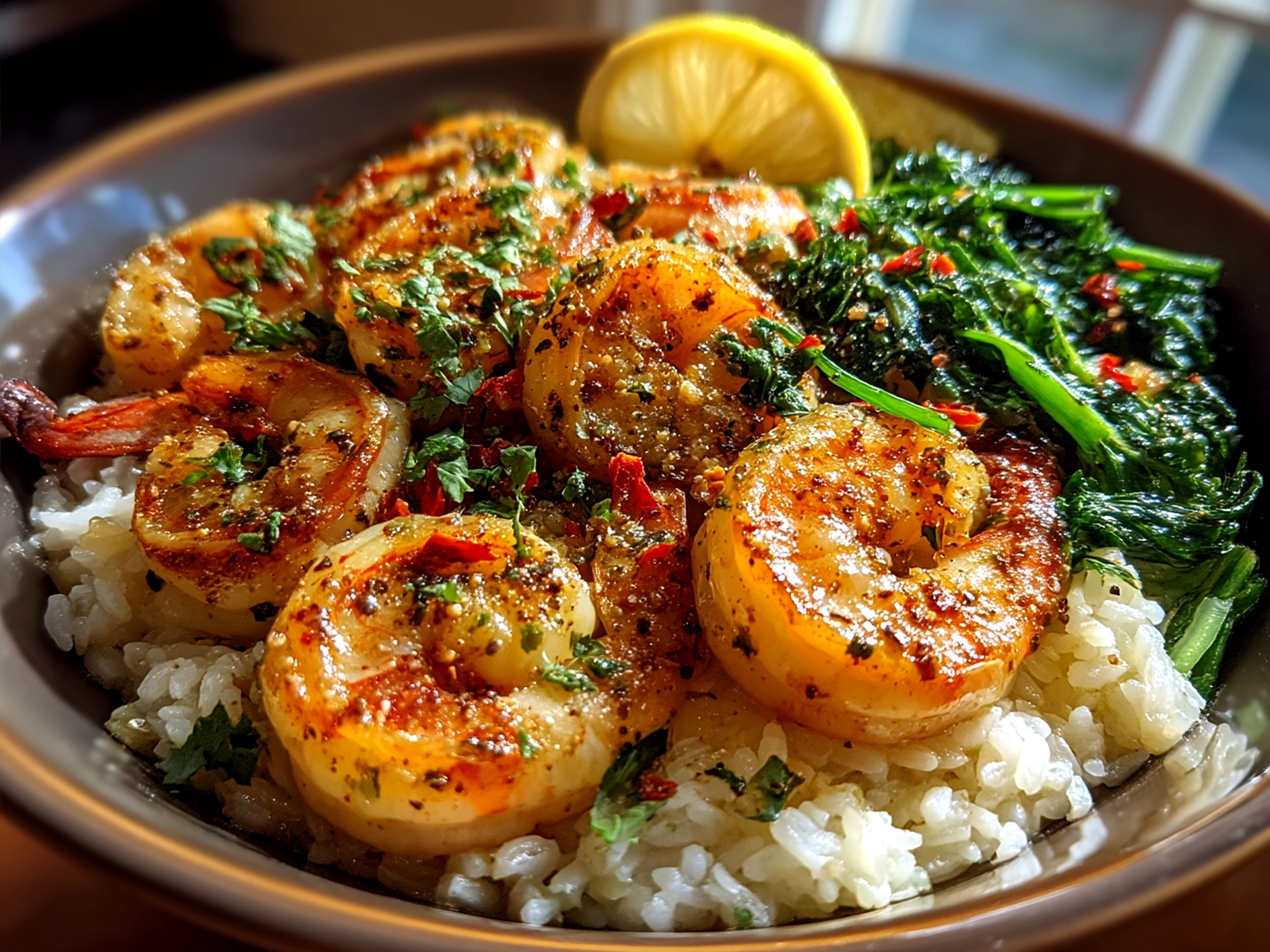 Final plated Shrimp Scampi Nourish Bowl with shrimp, quinoa, zucchini, cherry tomatoes, and parsley