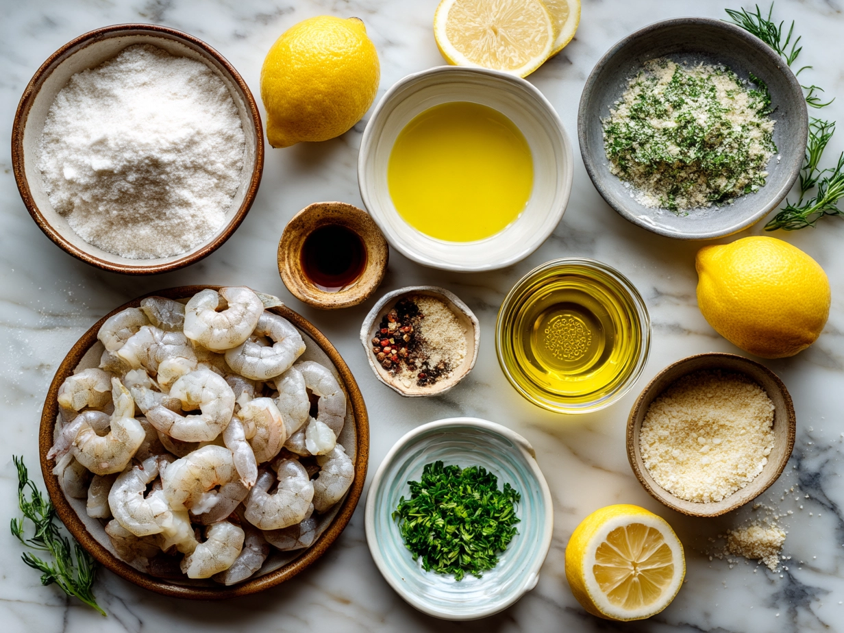Ingredients for Shrimp Scampi Nourish Bowl including shrimp, garlic, butter, lemon, quinoa, zucchini, cherry tomatoes, and parsley
