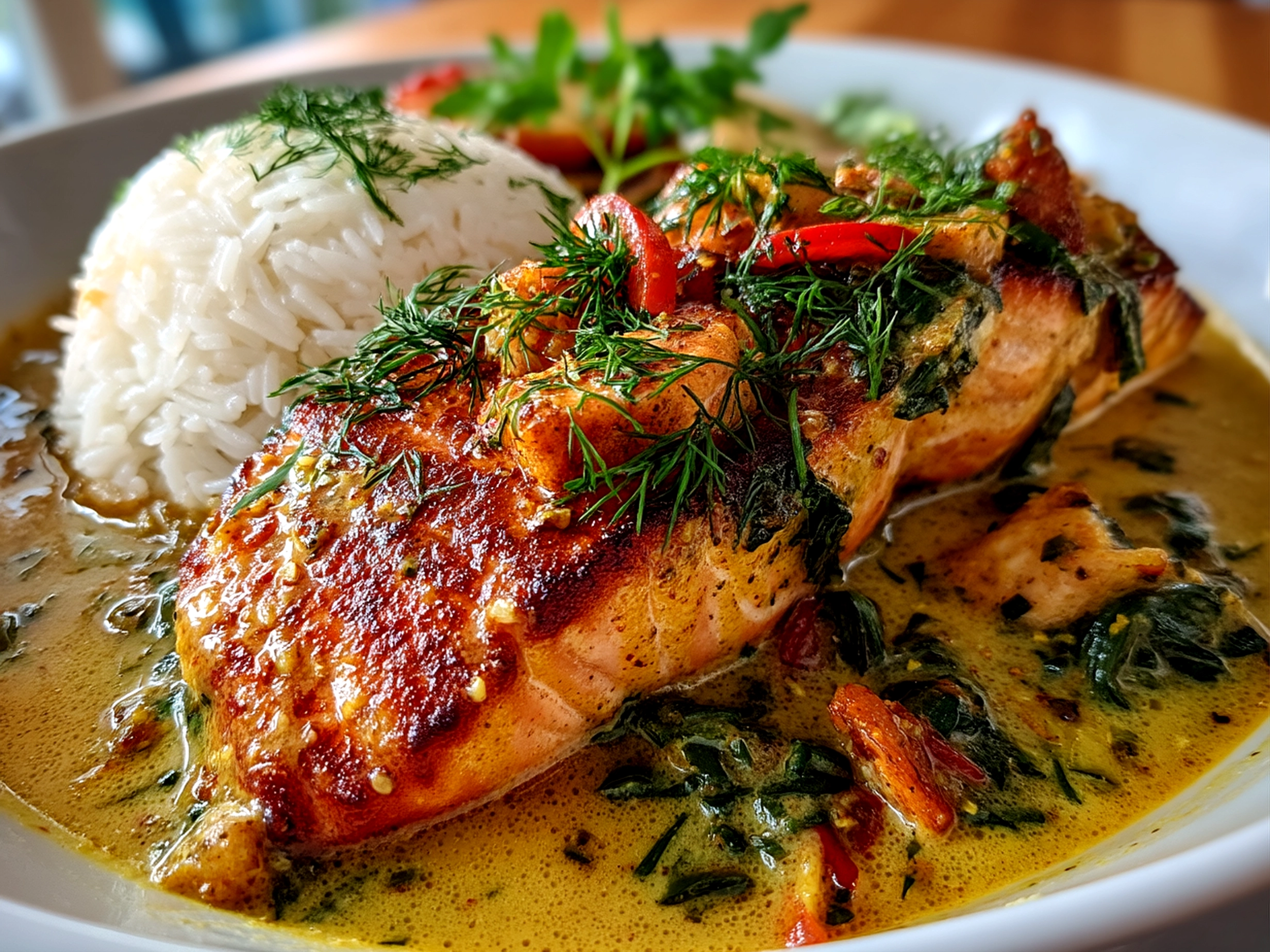 Close up of finished Caribbean-Style Coconut Curry Salmon served with garnish