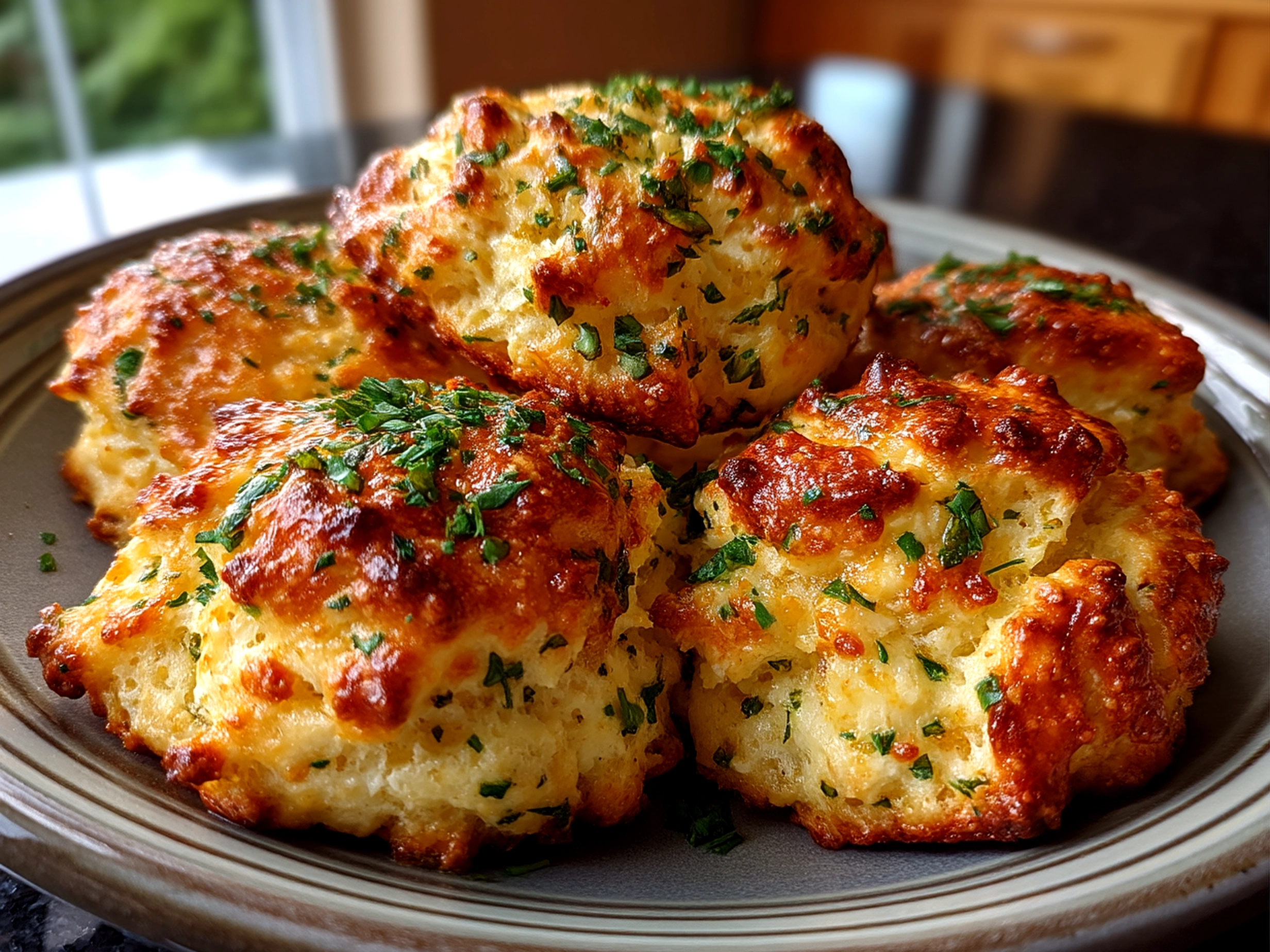 Close up of finished Cottage Cheese and Herb Biscuits on a plate