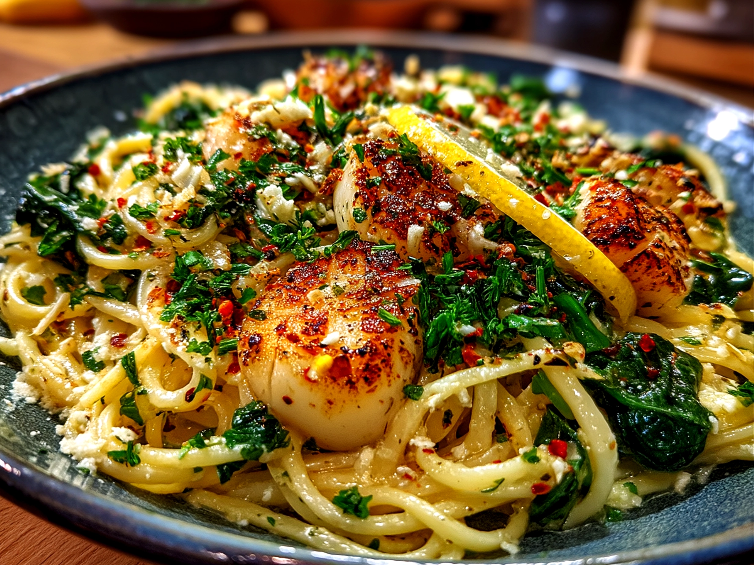 Close-up of finished creamy roast garlic and lemon pasta sauce draped over pasta