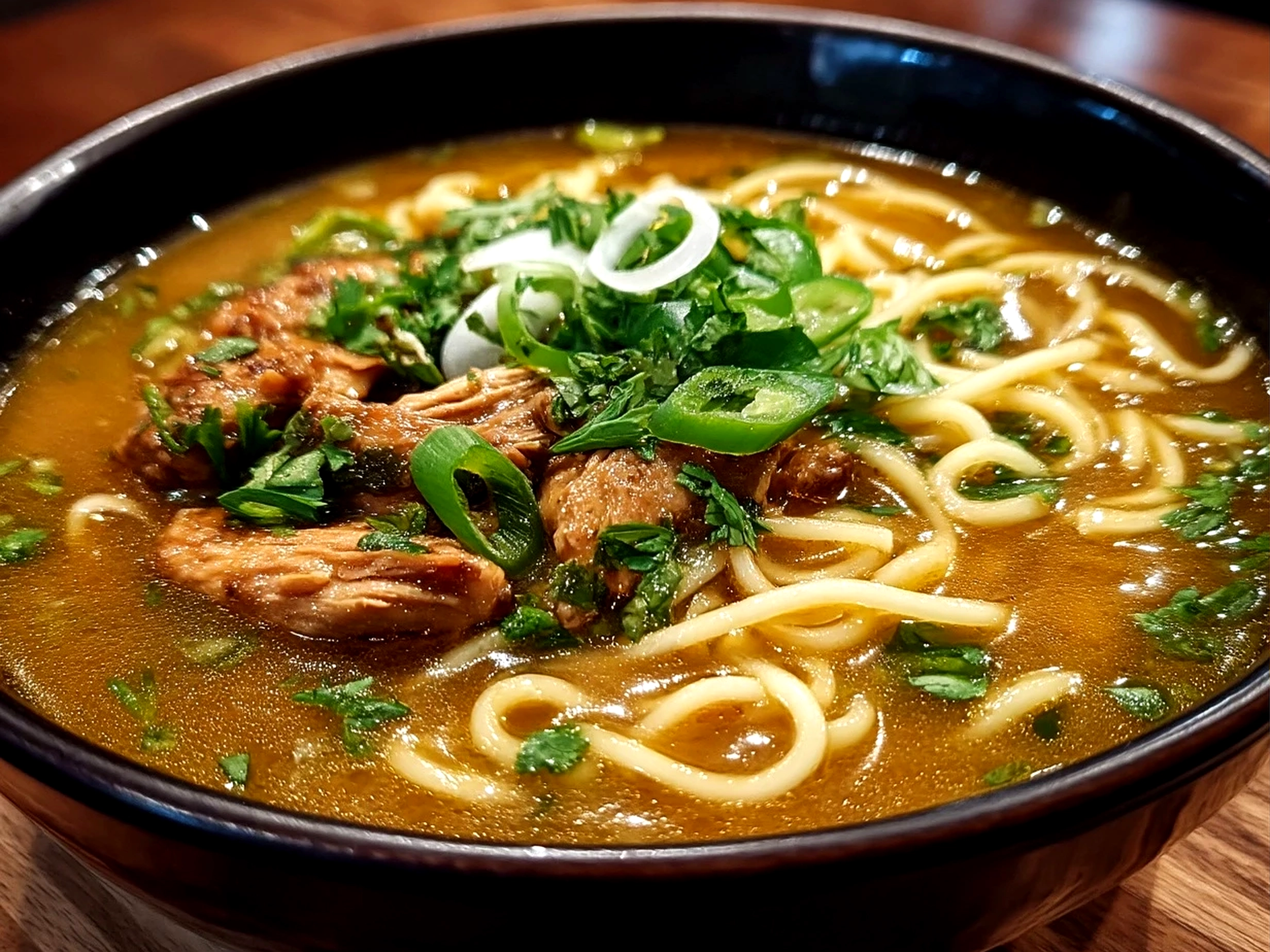 Close-up of a bowl of finished Ginger Scallion Chicken Noodle Soup garnished with fresh scallions