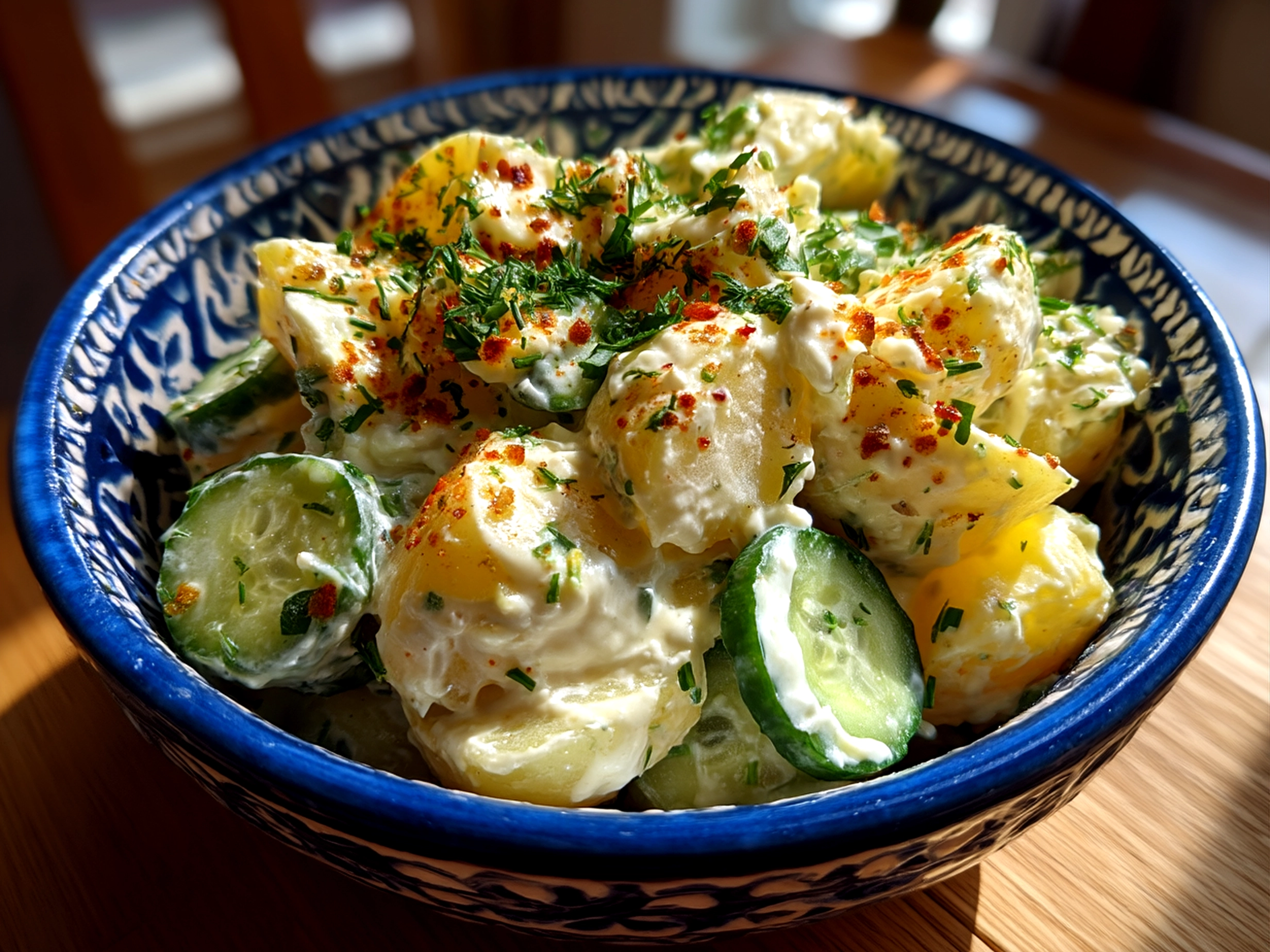 Close-up of finished Greek Yogurt Potato Salad with Cucumbers in serving bowl