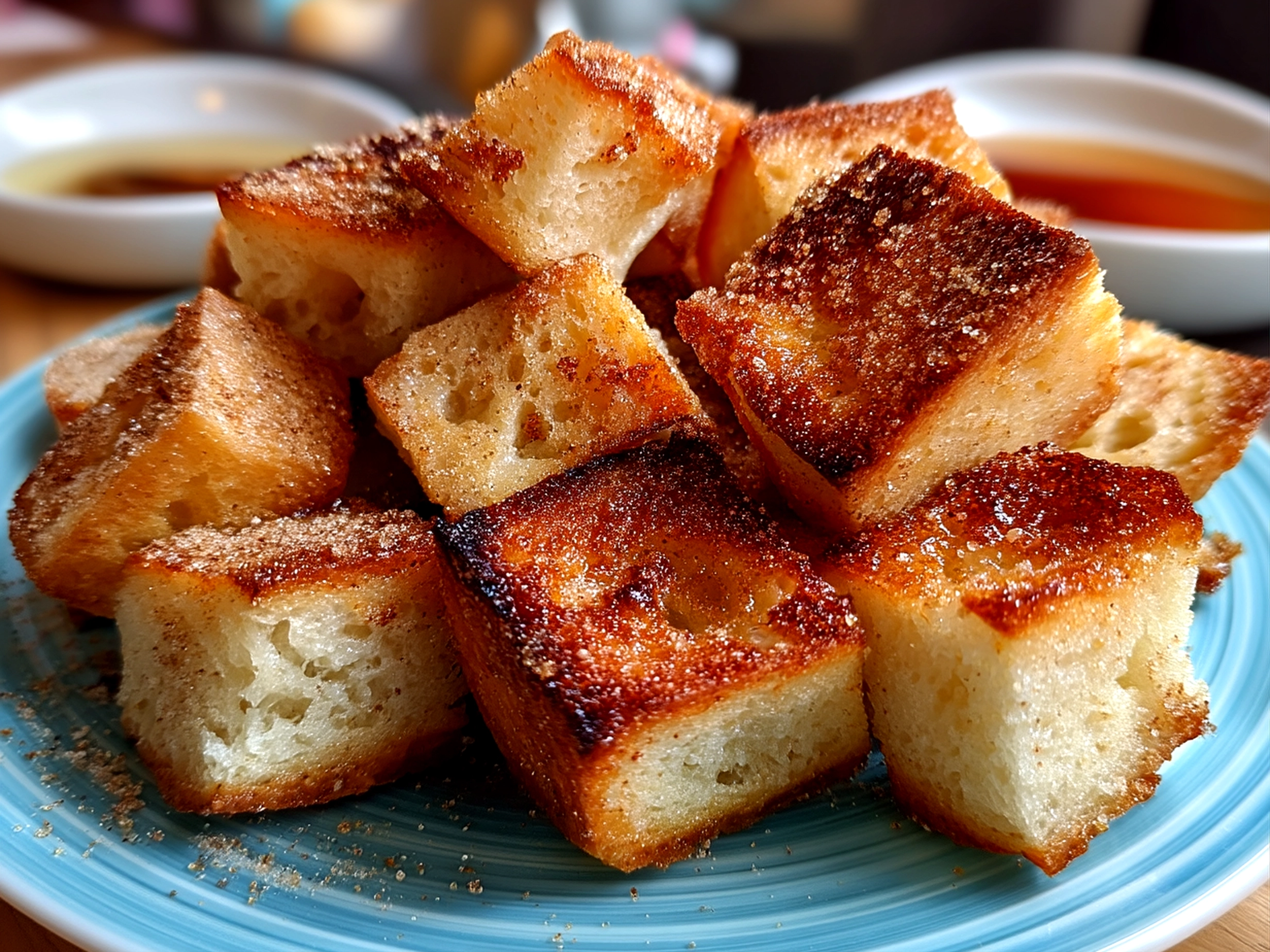 Slight angle close-up of finished homemade cinnamon sugar sourdough churro bites piled on a plate