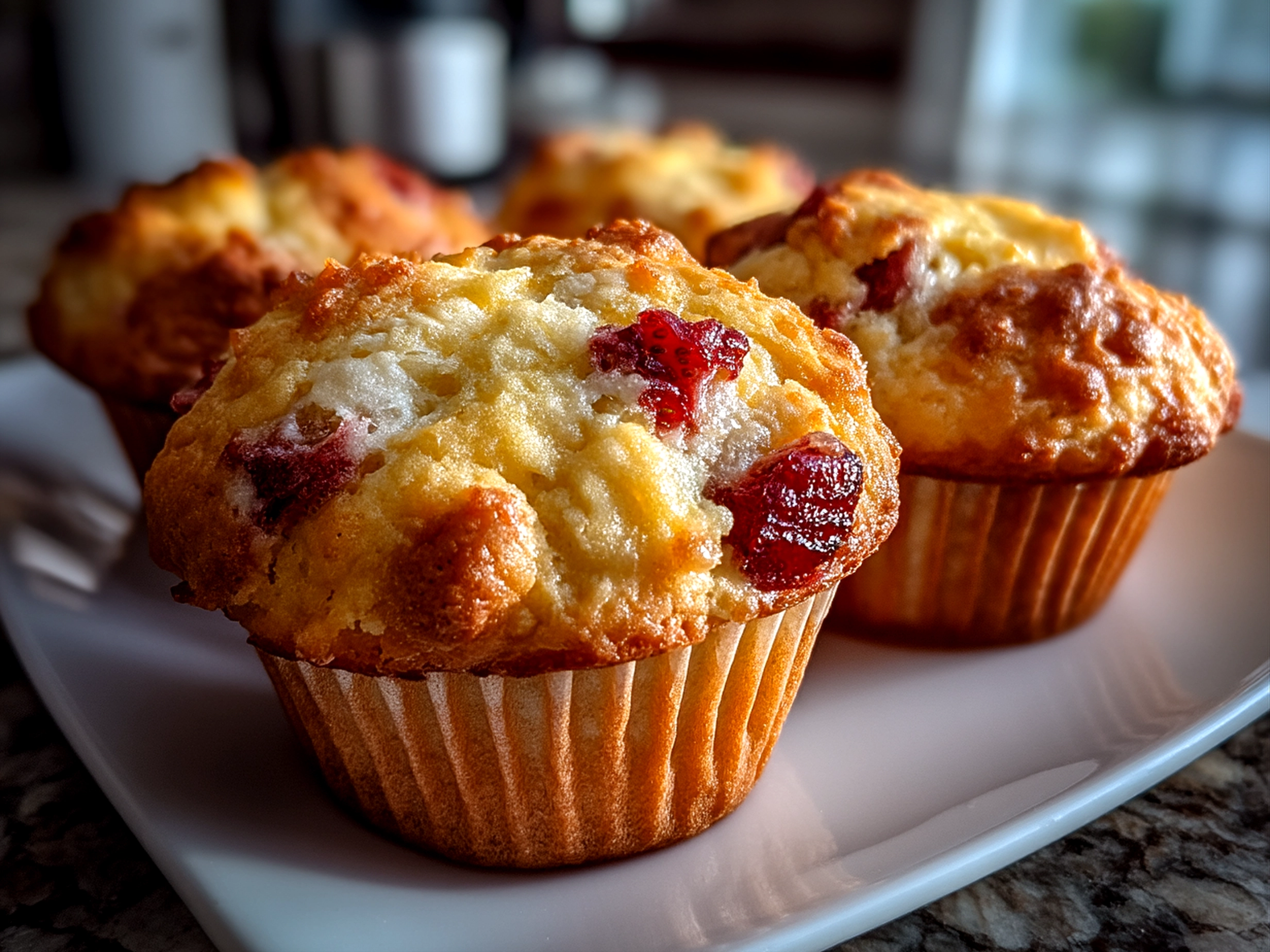 Close-up of freshly baked homemade strawberry muffins