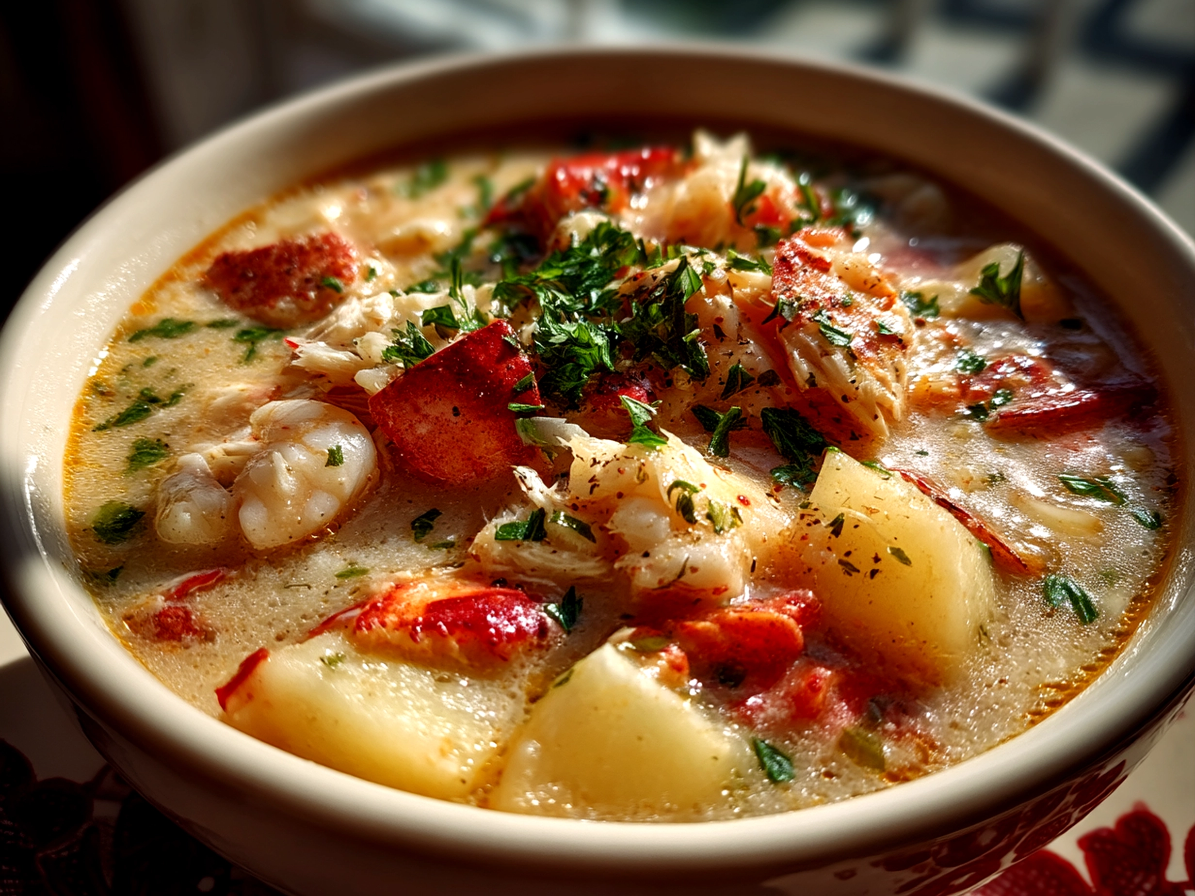 Bowl of finished Nova Scotia Seafood Chowder garnished with fresh parsley
