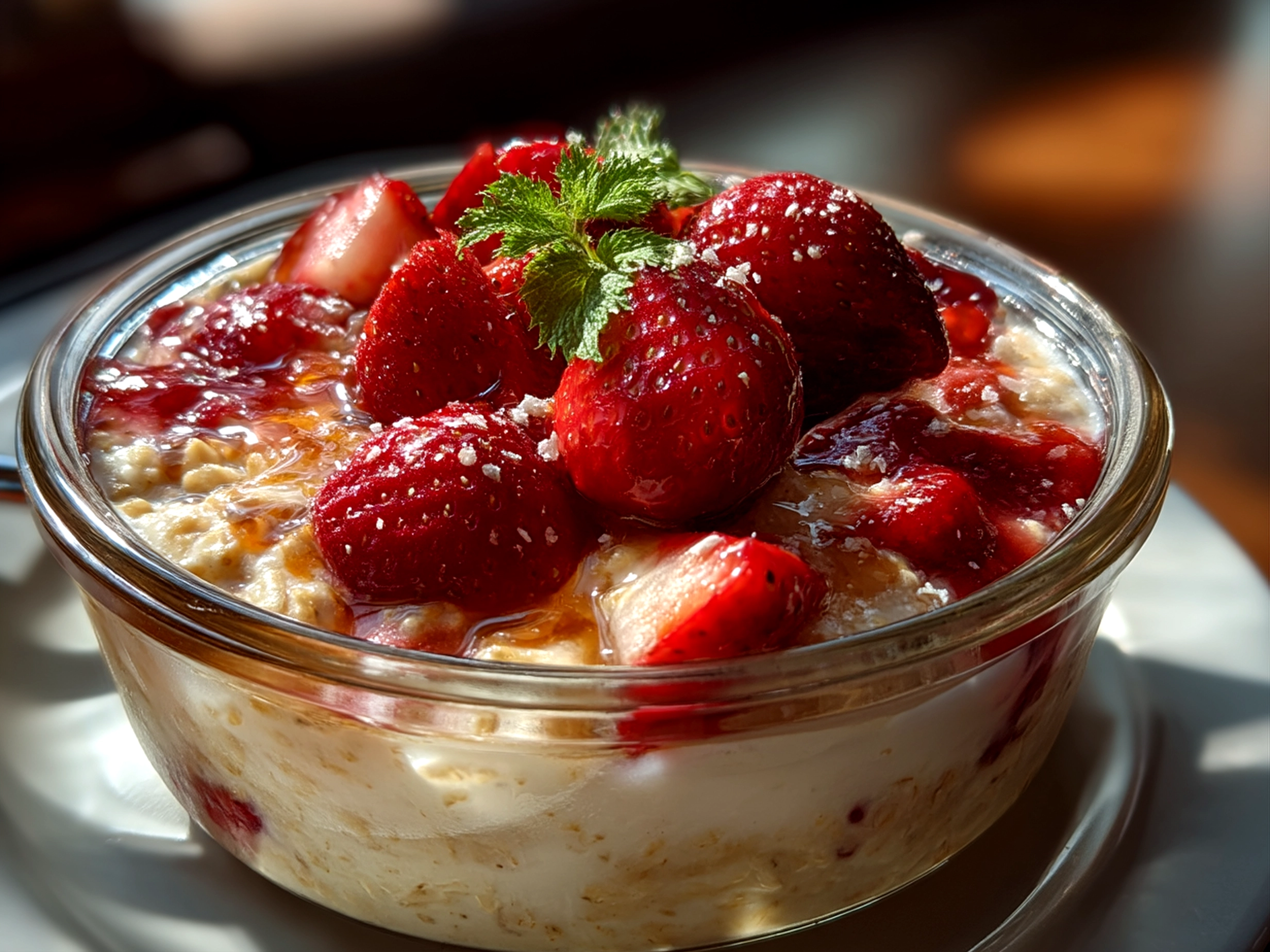 Slight angle close-up of finished strawberry cheesecake overnight oats topped with strawberry slices and granola