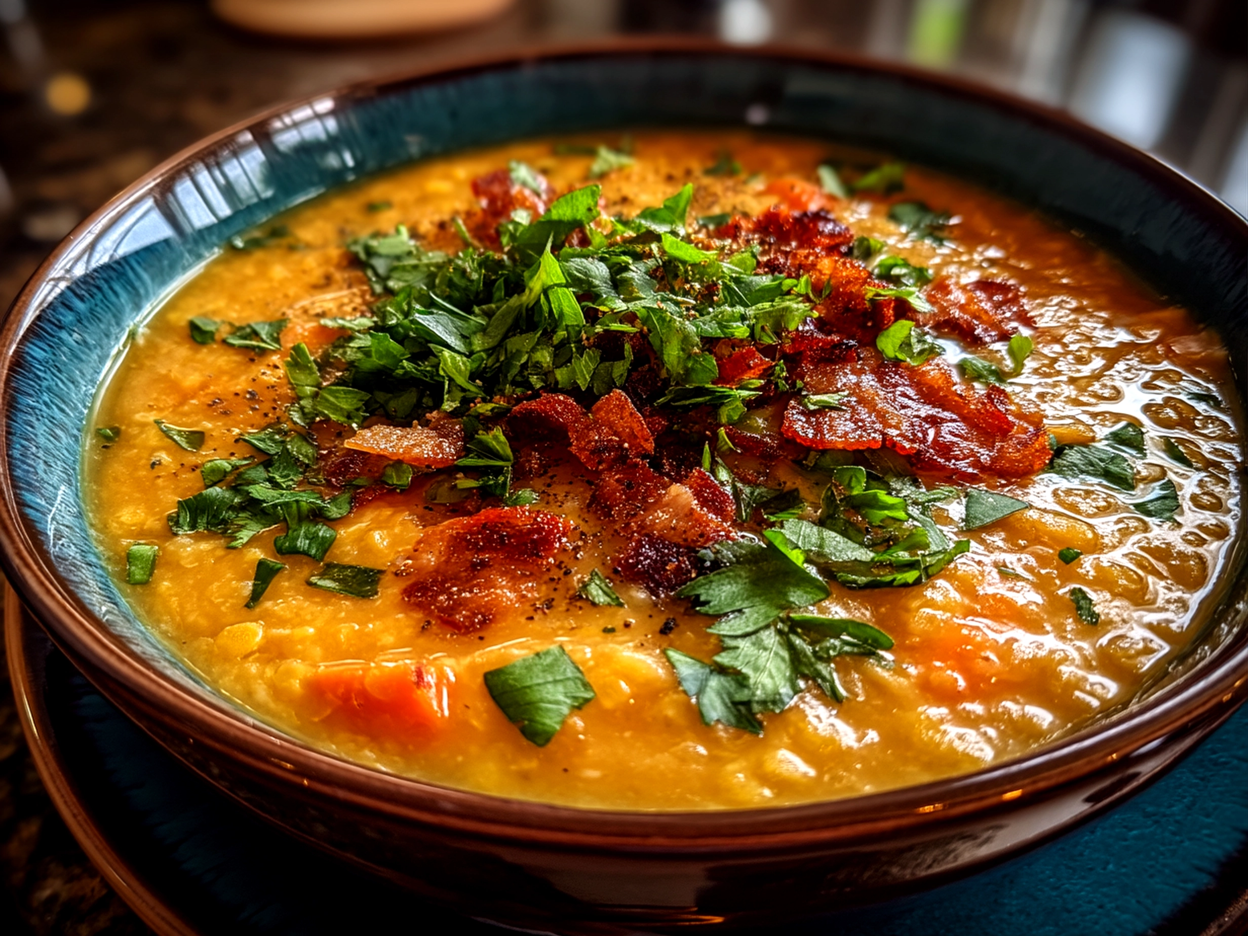 Finished Thai Coconut Red Lentil Soup served in a bowl with fresh herbs