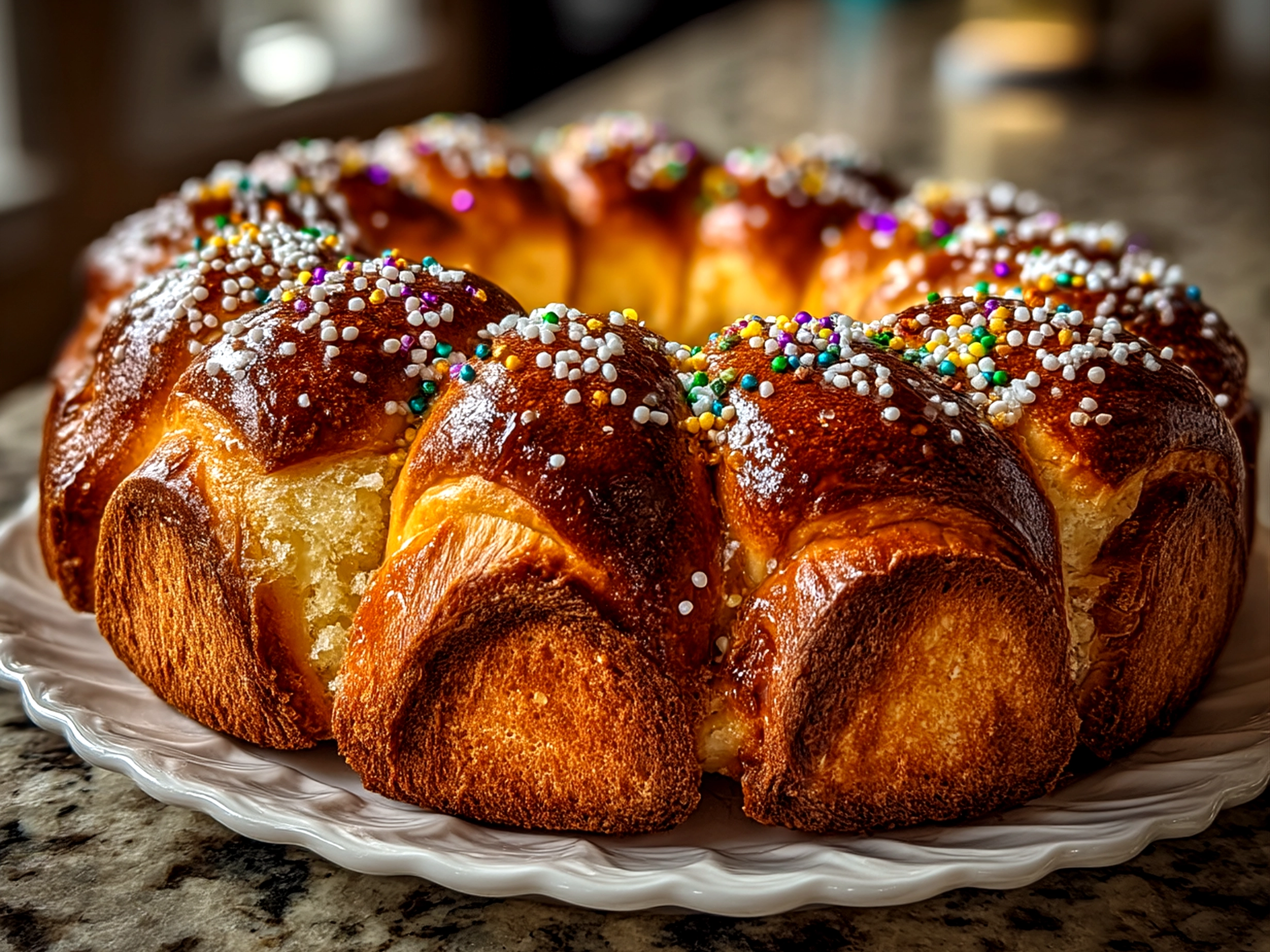 Close-up of finished Traditional King Cake with rich golden glaze and festive colored sugar
