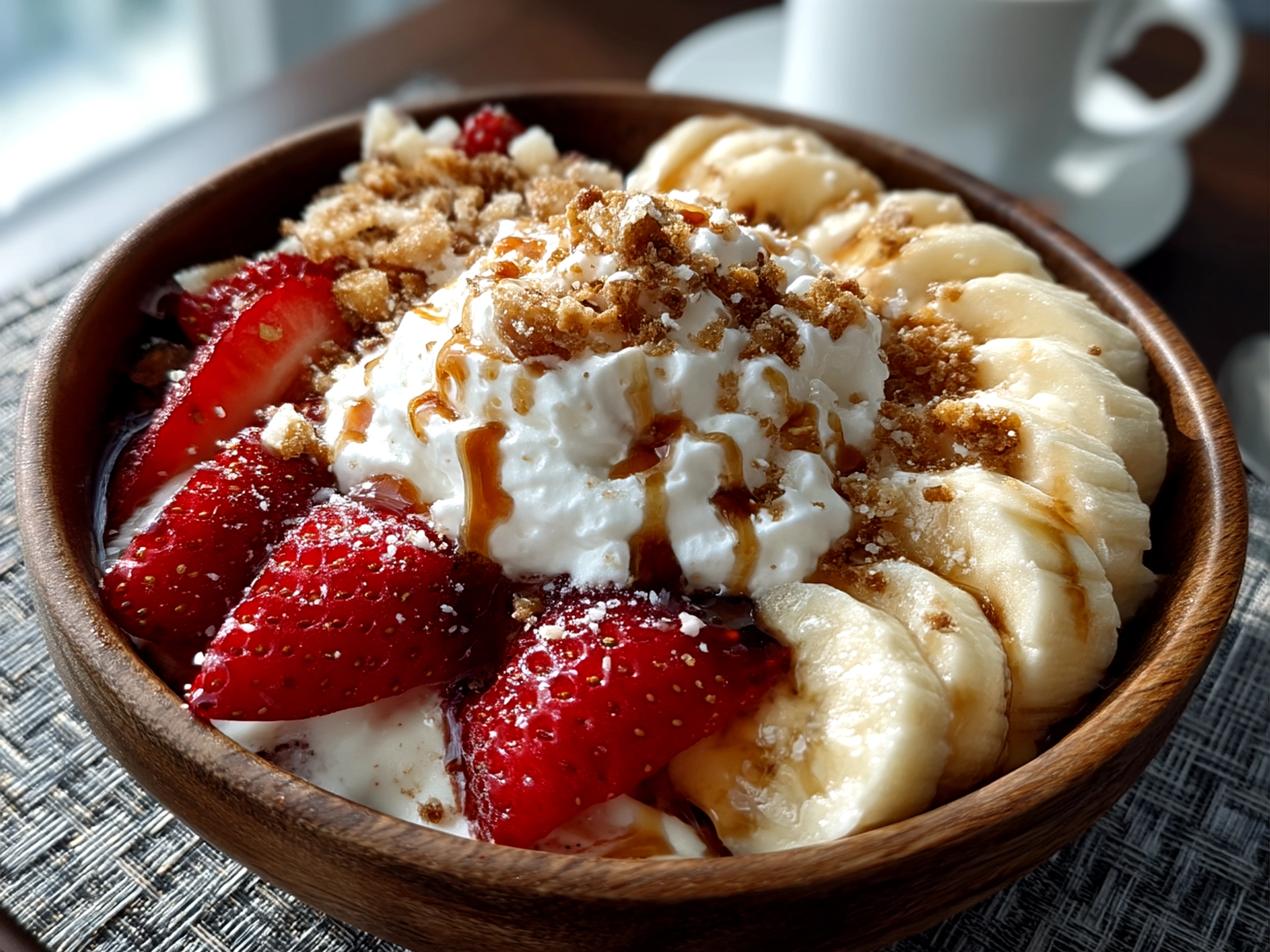 Slight angle close-up of finished Valentine Breakfast Nice Cream Bowl with toppings