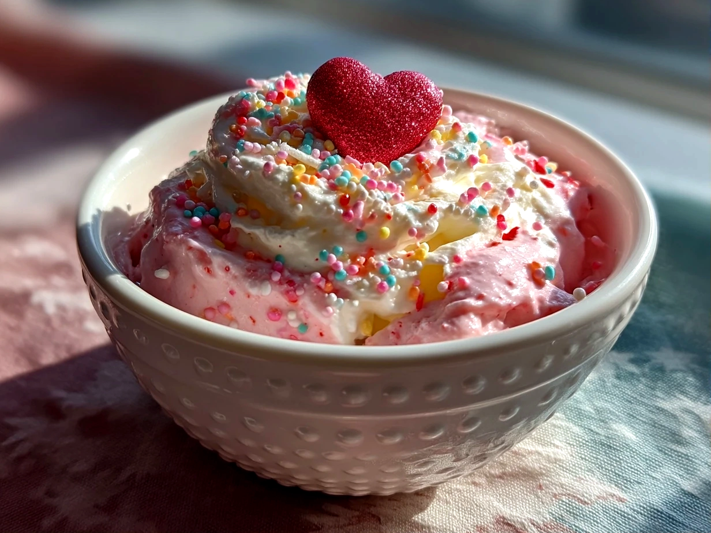 Slight angle close up of finished Valentines Cakes Nice Cream Bowl with fresh berries and cake pieces
