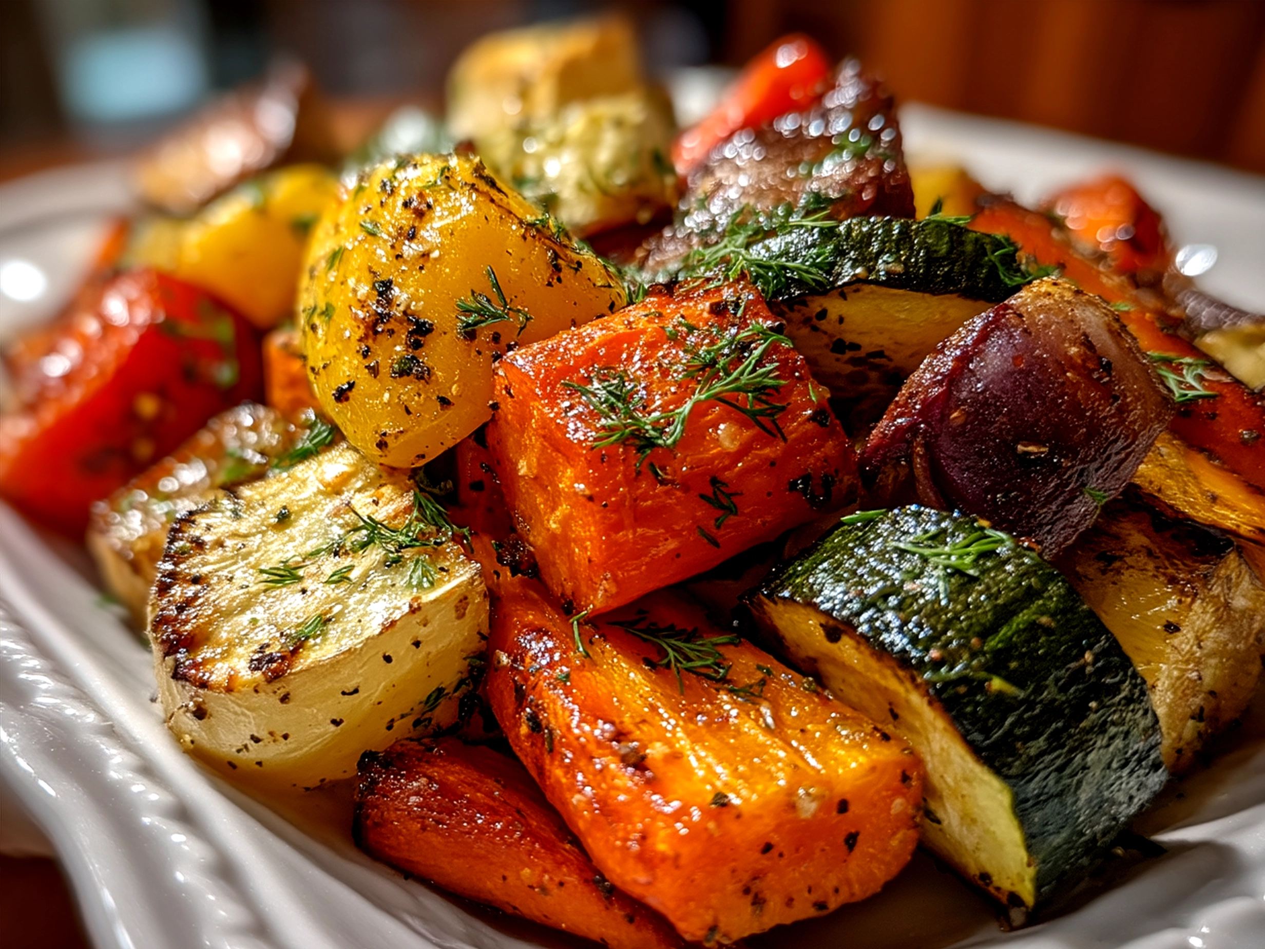 Slow Cooker Roasted Fall Vegetables served on a plate garnished with fresh herbs