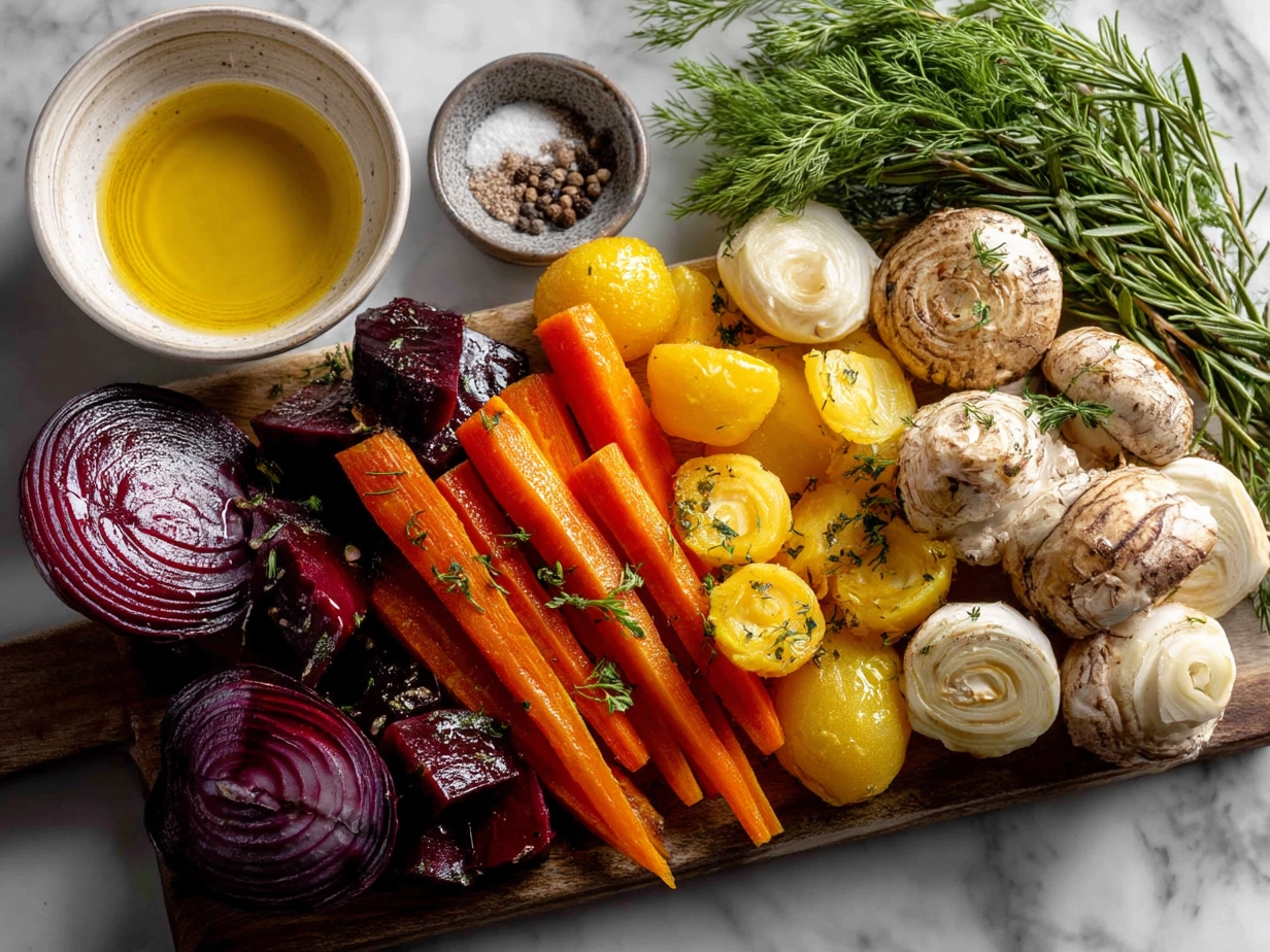 Ingredients for Slow Cooker Roasted Fall Vegetables including butternut squash, carrots, parsnips, sweet potato, onion, and herbs