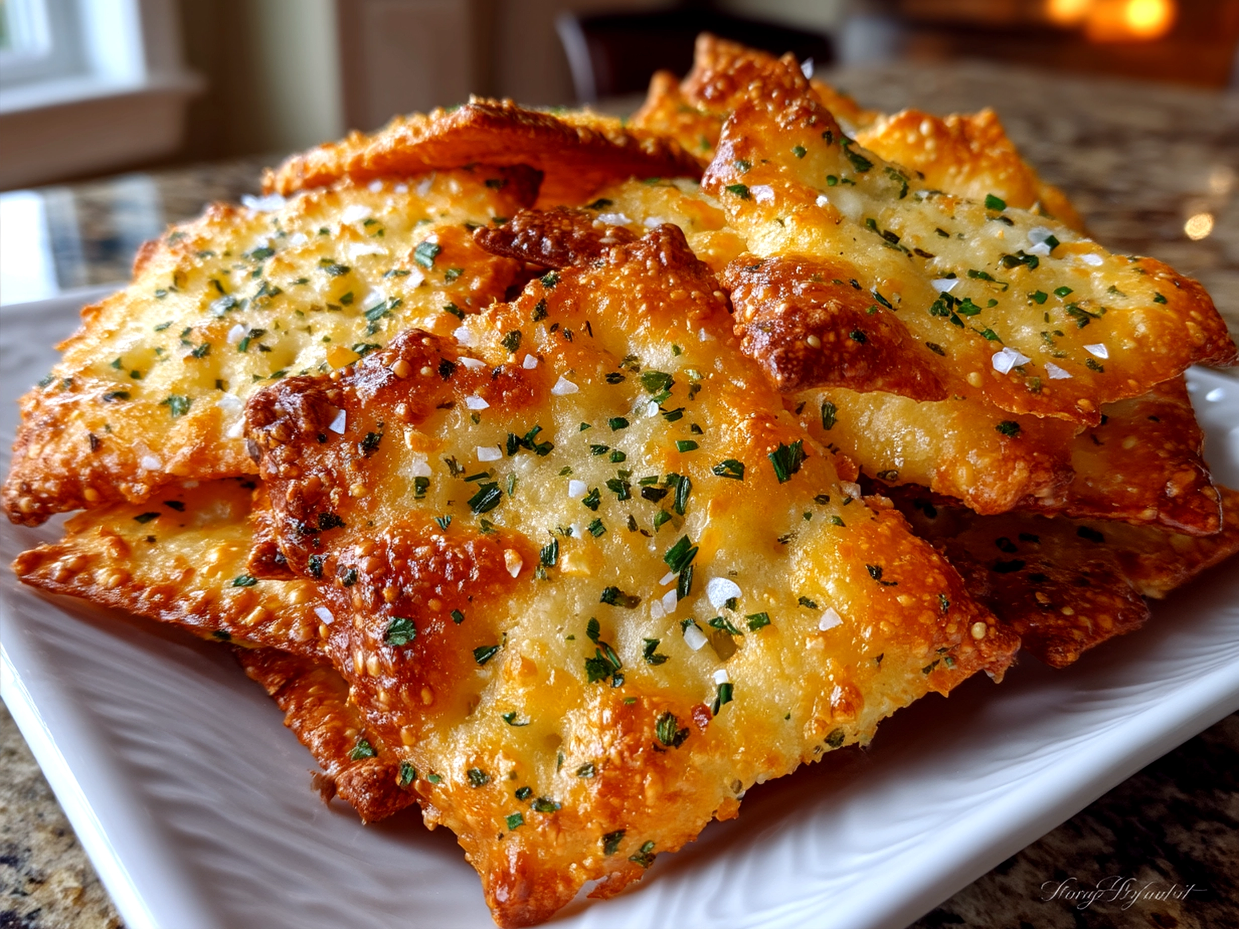 Freshly baked sourdough cheese crackers served on a plate ready to eat