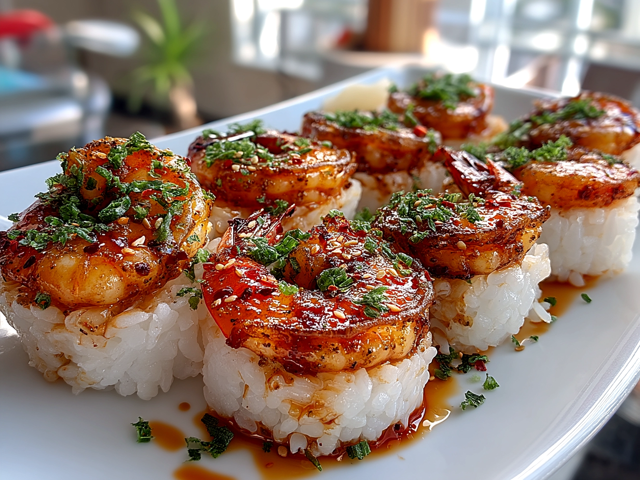 Finished Spicy Shrimp Sushi Stacks served in glass cups with garnishes