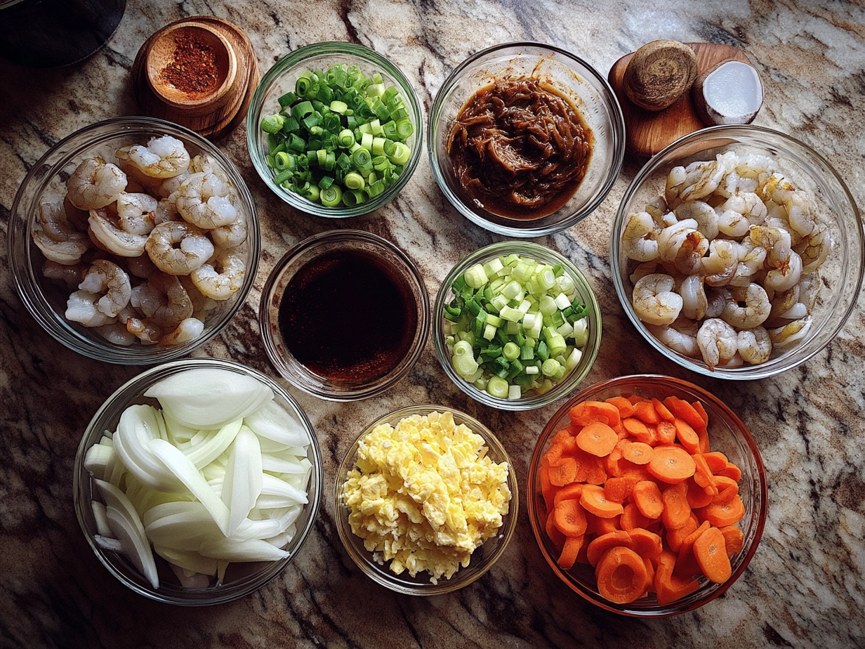 Ingredients for Spicy Shrimp Sushi Stacks including shrimp, sushi rice, avocado, cucumber, and spicy mayo