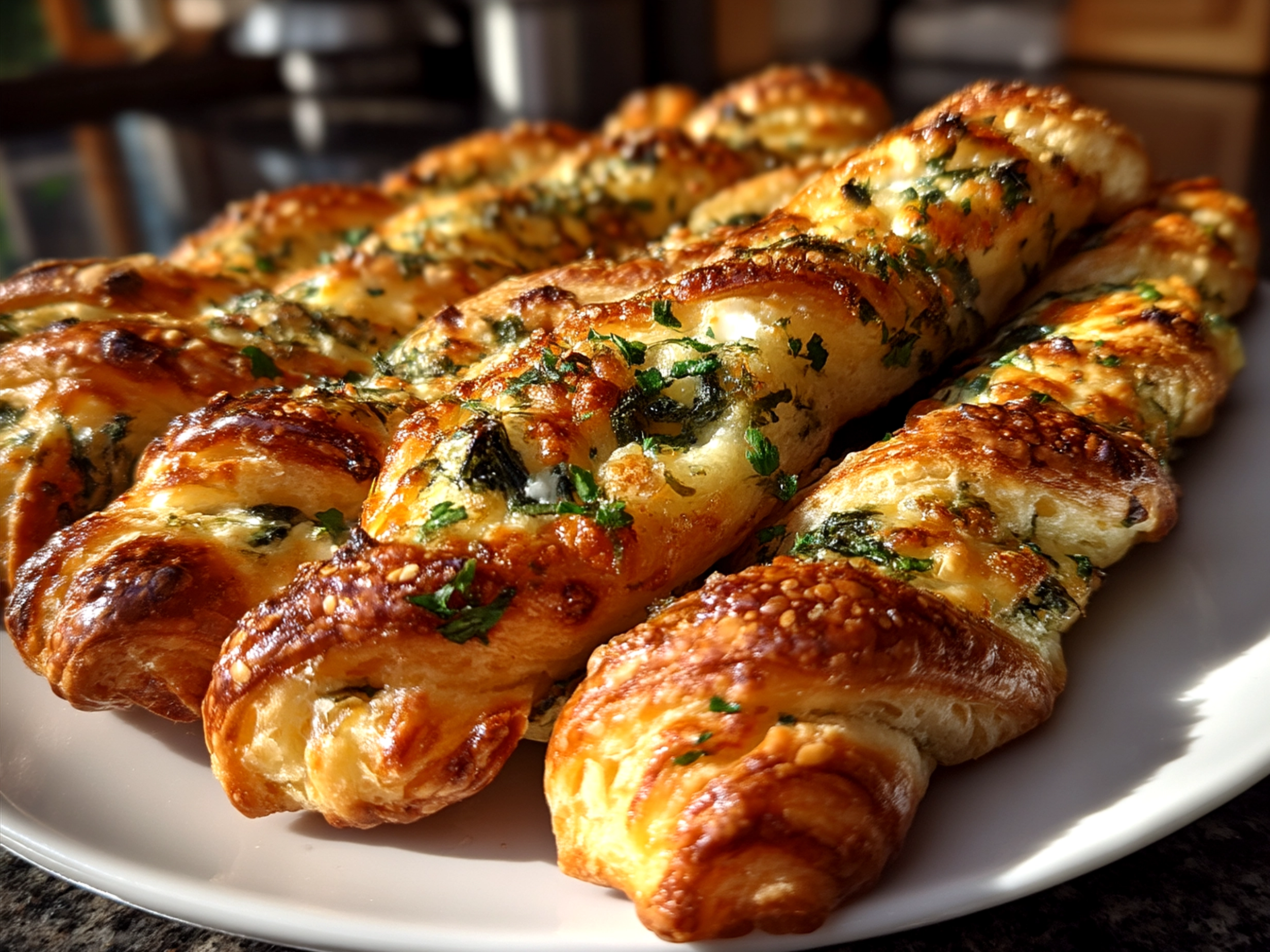 Finished Spinach and Feta Puff Pastry Twists served on a platter with fresh herbs