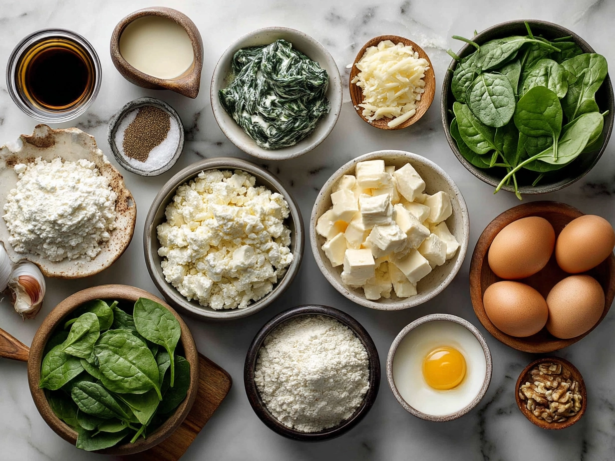 Ingredients for Spinach and Feta Puff Pastry Twists including puff pastry, spinach, feta, ricotta, onion, garlic, and egg