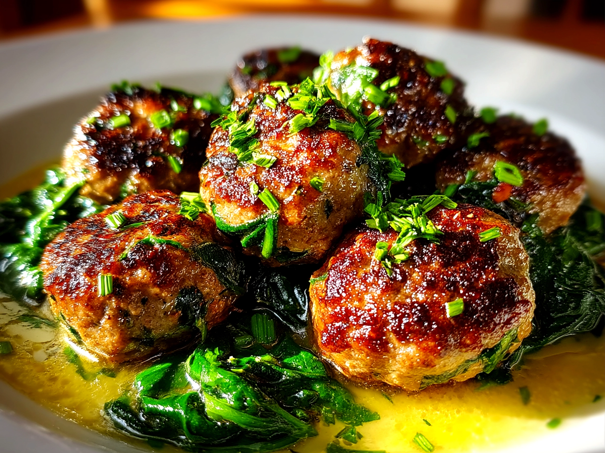 Served Spinach Garlic Meatballs ready to eat