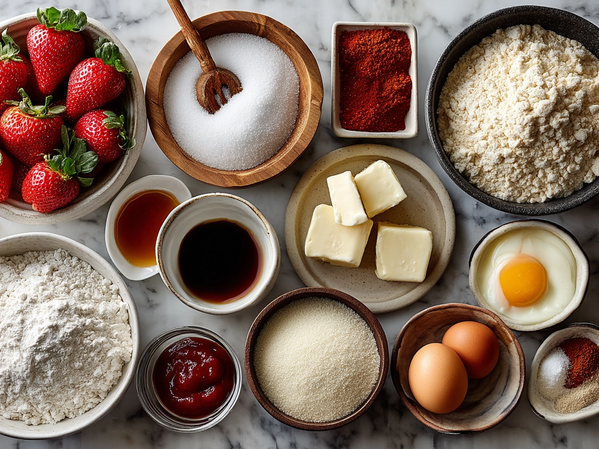Ingredients for Strawberry Shortcake Muffins laid out on a kitchen counter