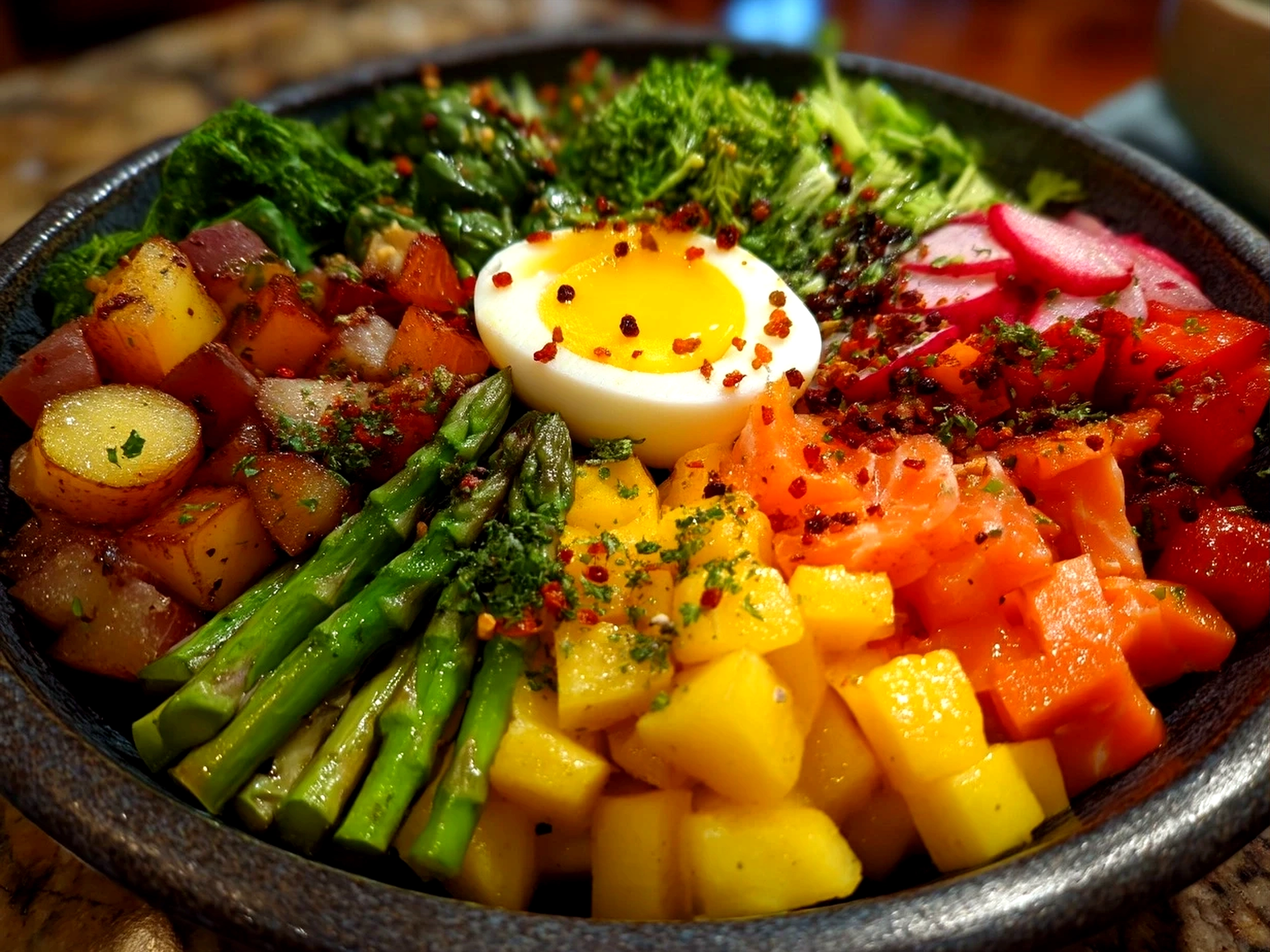 Superbowl Food Nourish Bowl served with avocado slices and fresh parsley