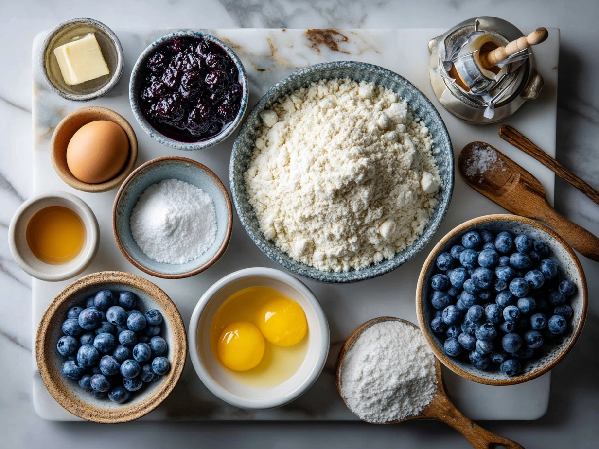 Ingredients for Blueberry Crumb Cake laid out on a table