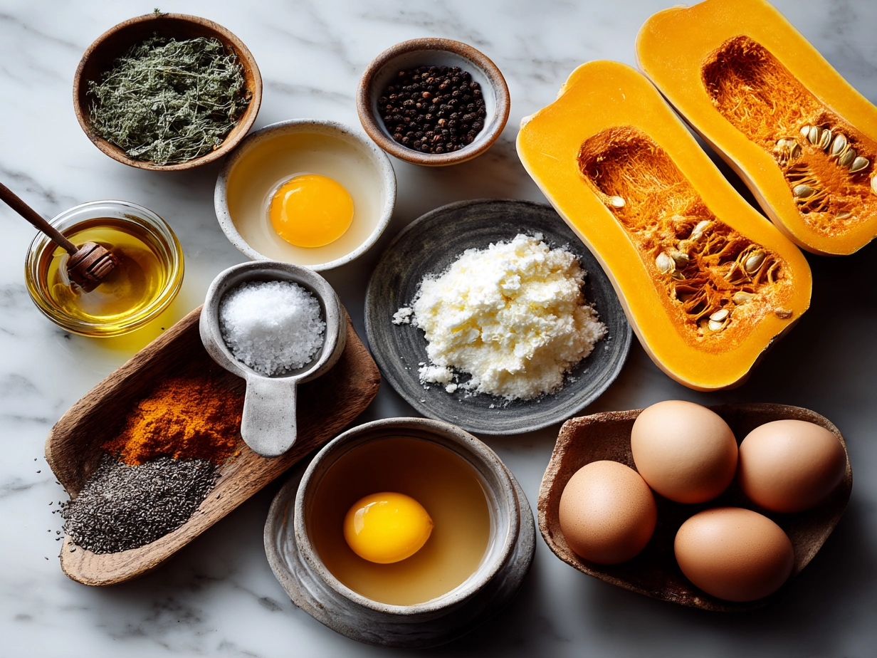 Top down view of the raw ingredients for butternut squash soup on a marble surface