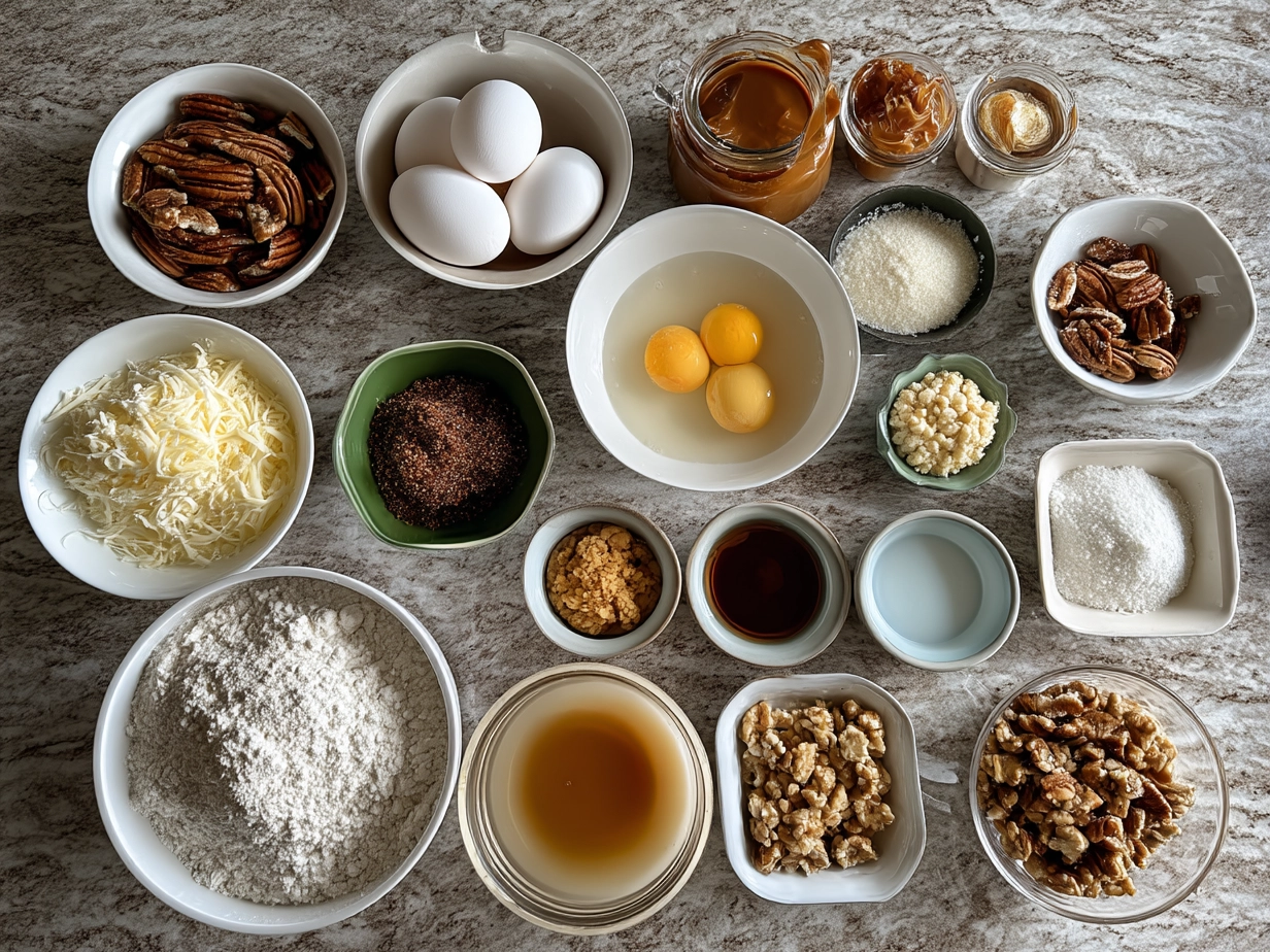 Top down view of raw ingredients for Caramel Butter Pecan Praline Poke Cake on a countertop