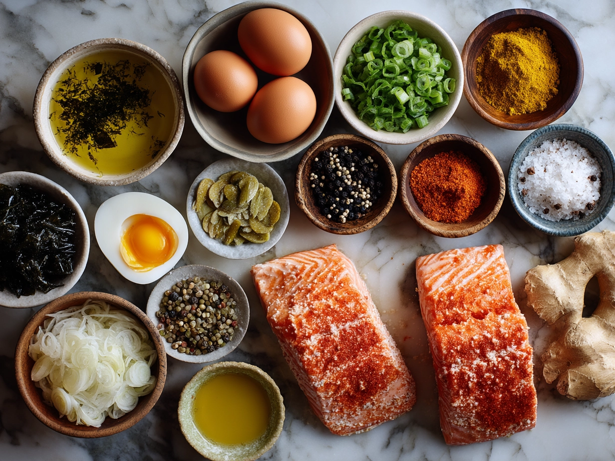 Top down view of raw ingredients for Caribbean-Style Coconut Curry Salmon on a marble surface