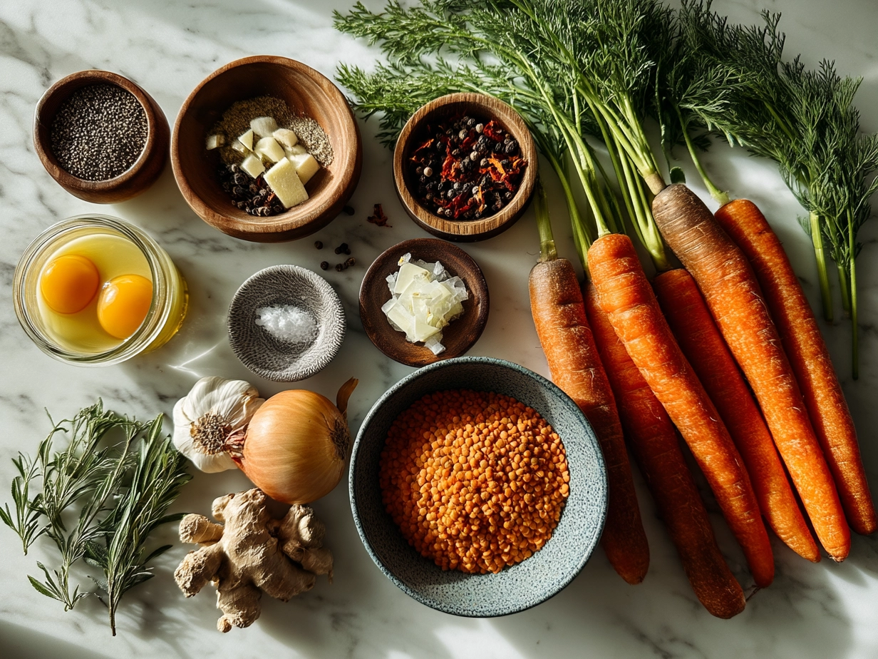 Top down view of raw ingredients for carrot and lentil soup including carrots, onions, lentils, garlic, and spices
