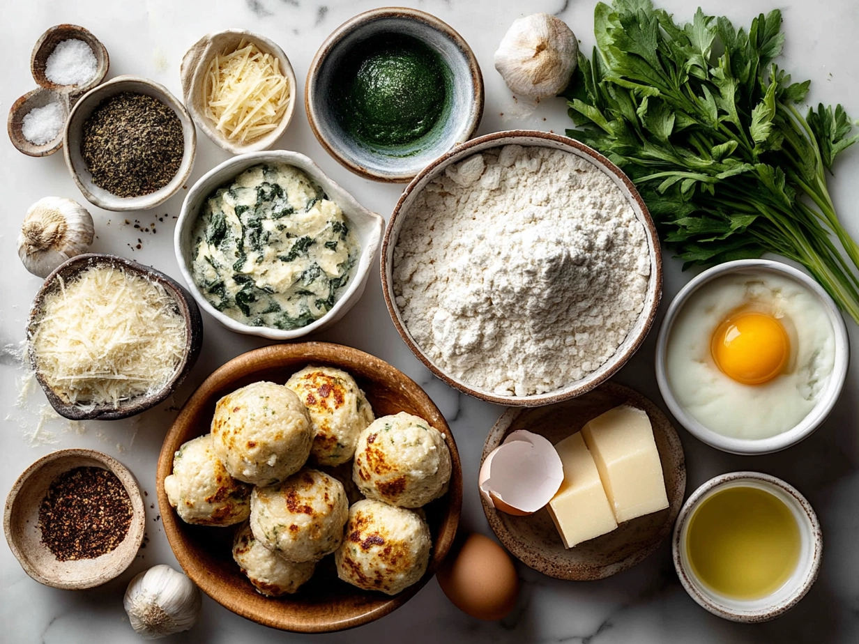 Top down view of raw ingredients for chicken ricotta meatballs including ground chicken, ricotta, Parmesan, breadcrumbs, garlic and spinach