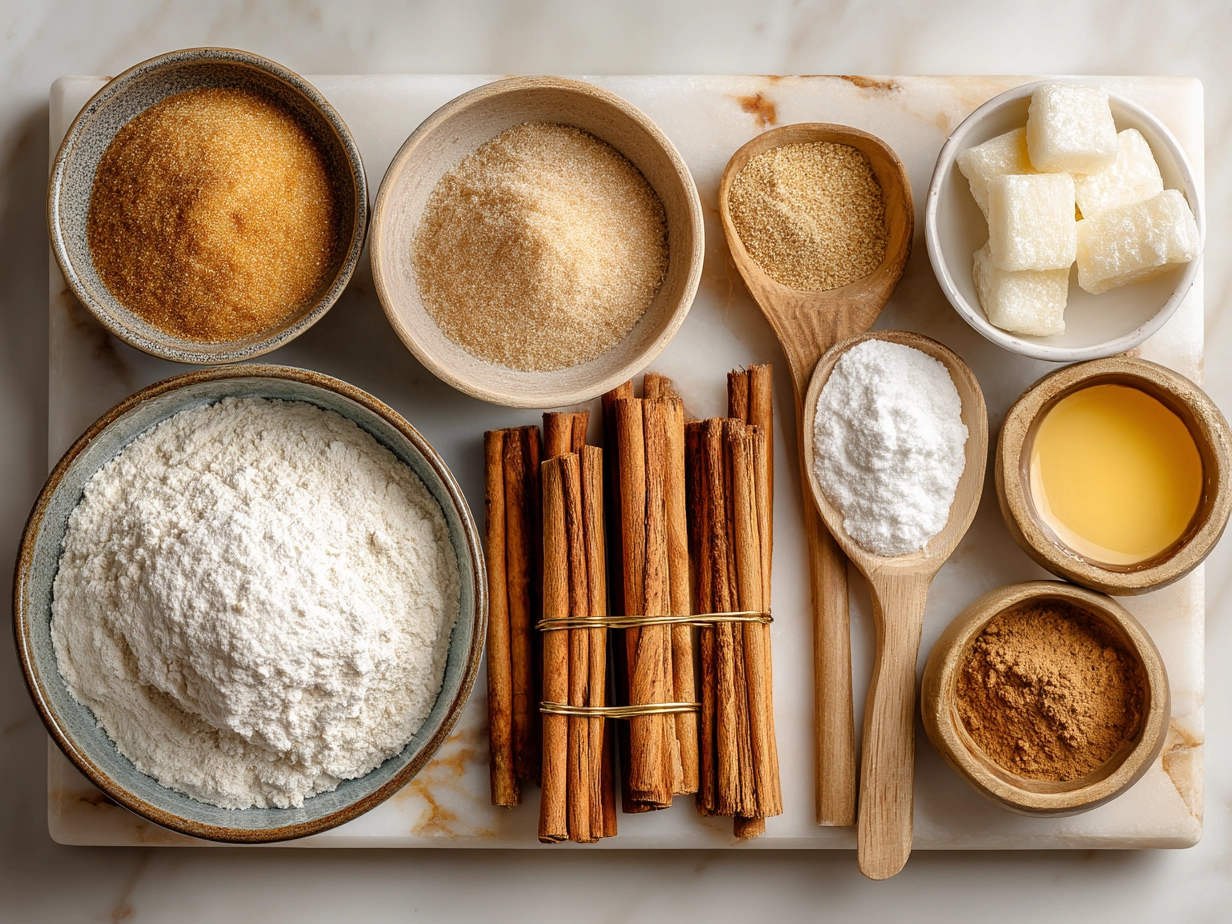 Top down view of raw ingredients for cinnamon sugar sourdough churro bites on a marble surface