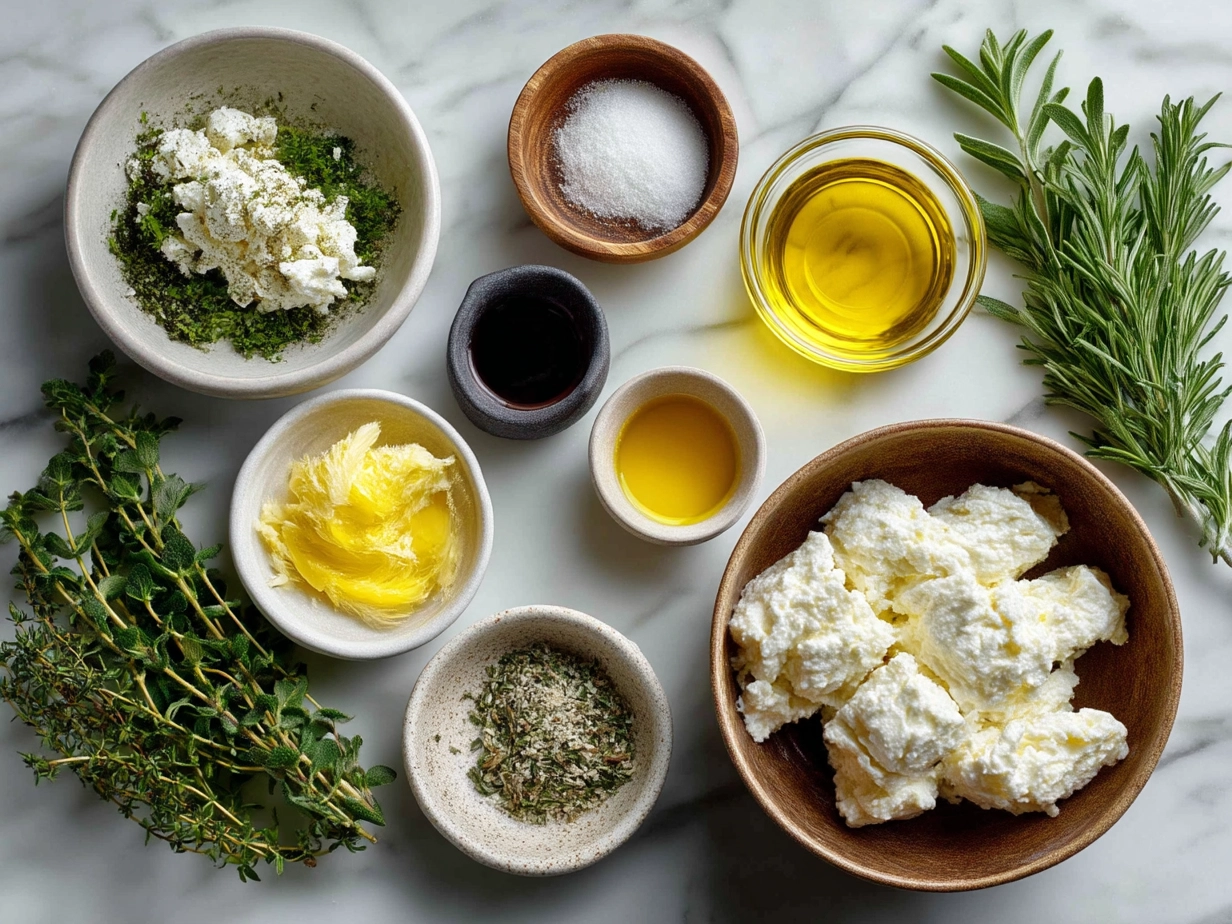 Ingredients for Cottage Cheese and Herb Biscuits on marble surface